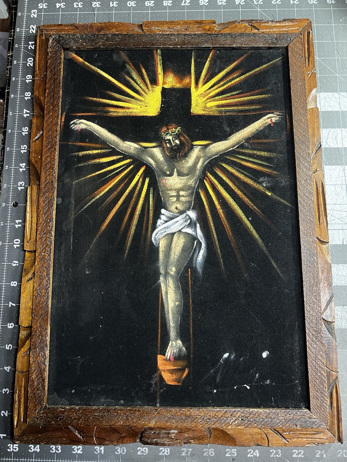 Vintage Framed Black Velvet Jesus Crucified Crucifixion Cross Painting 22” X 14”