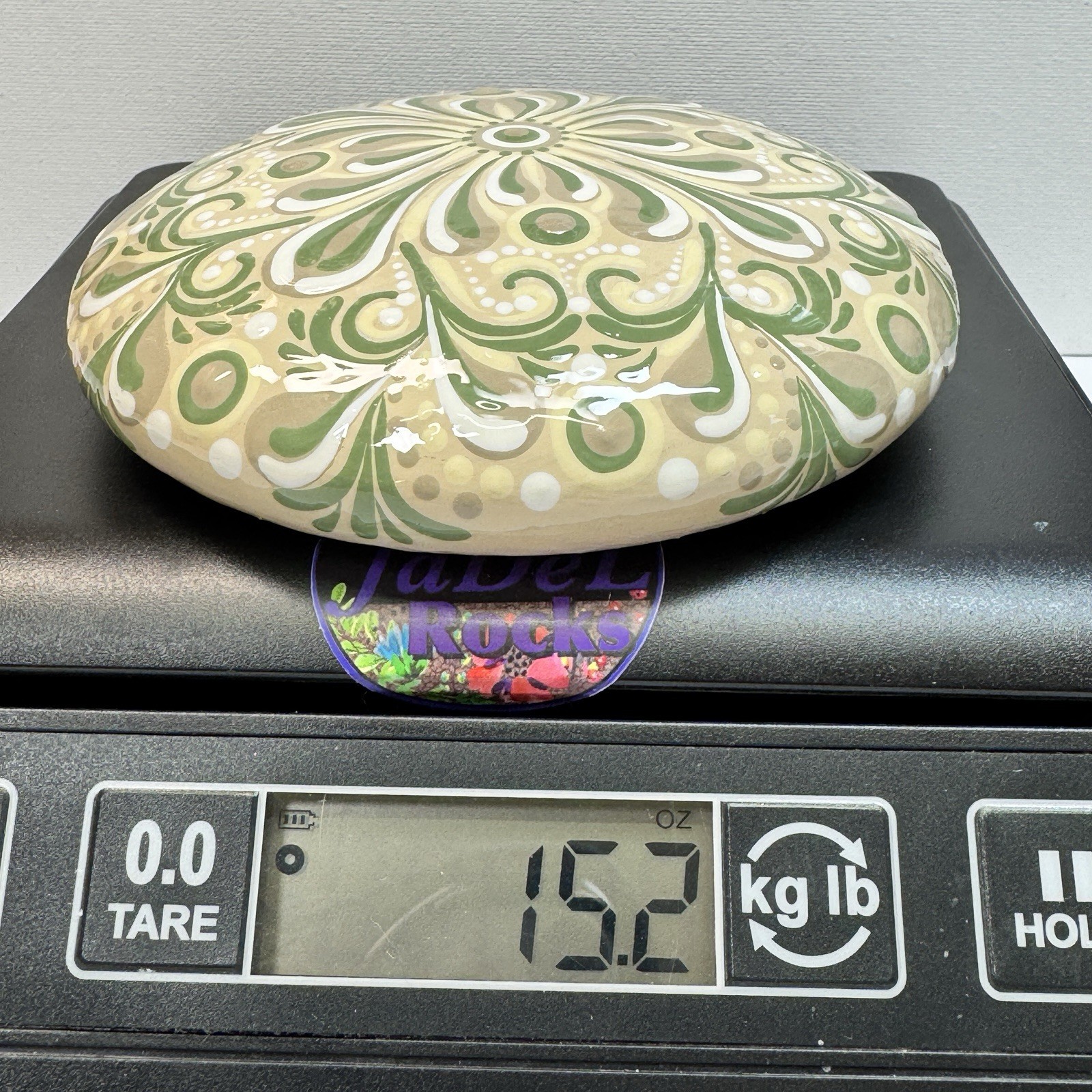 4.5” Delicate Green Mandala – Hand Painted Handmade Stone – By JaDeL