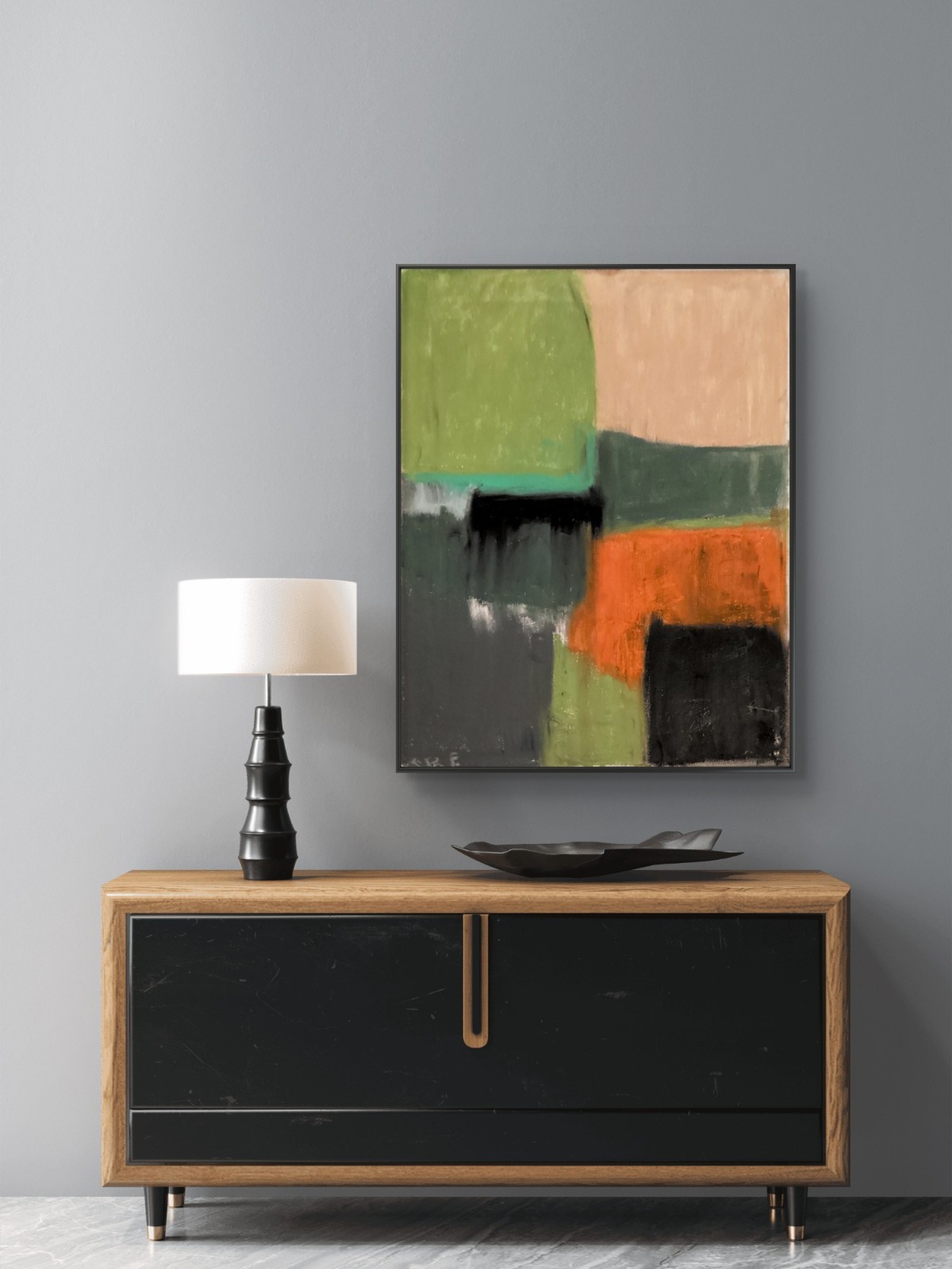 MCM Green Orange Abstract Geometric Textured Original Art on 11 By 14 Canvas