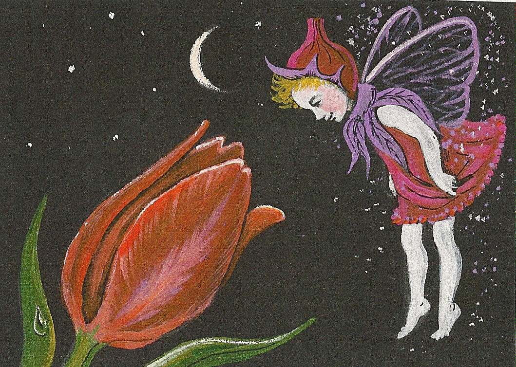 ACEO PRINT OF PAINTING RYTA FOLK ART FANTASY FAIRY TULIP FLOWER MOON SPRING