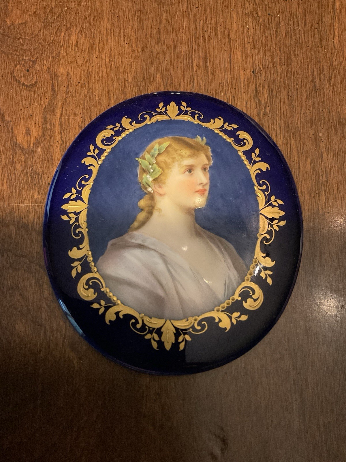 Antique Porcelain Plaque Painting Portrait Young Lady Flowers in Gold Blue Frame