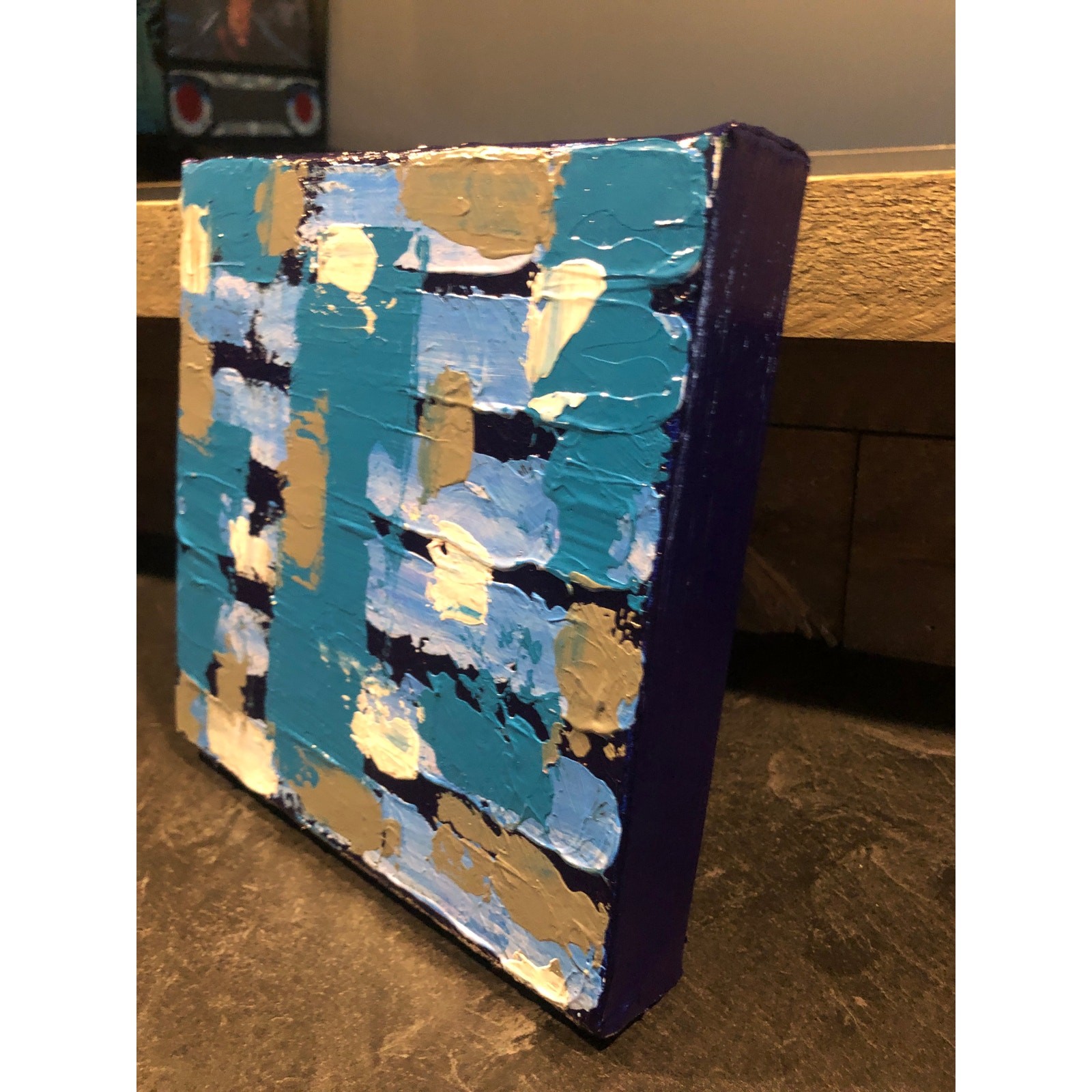 Hand-Painted Acrylic Canvas Abstract Blue Gray 7.5x8x1.5 Modern Artwork Art