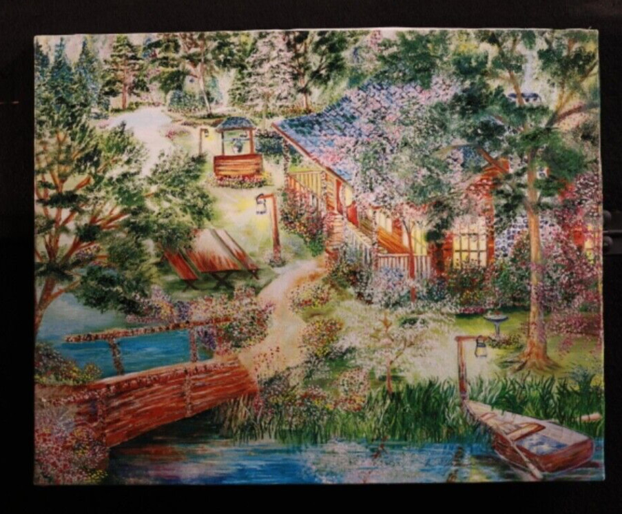 von Wening art Enchanting Cabin with Bridge River Boat Wishing Well Picnic Table