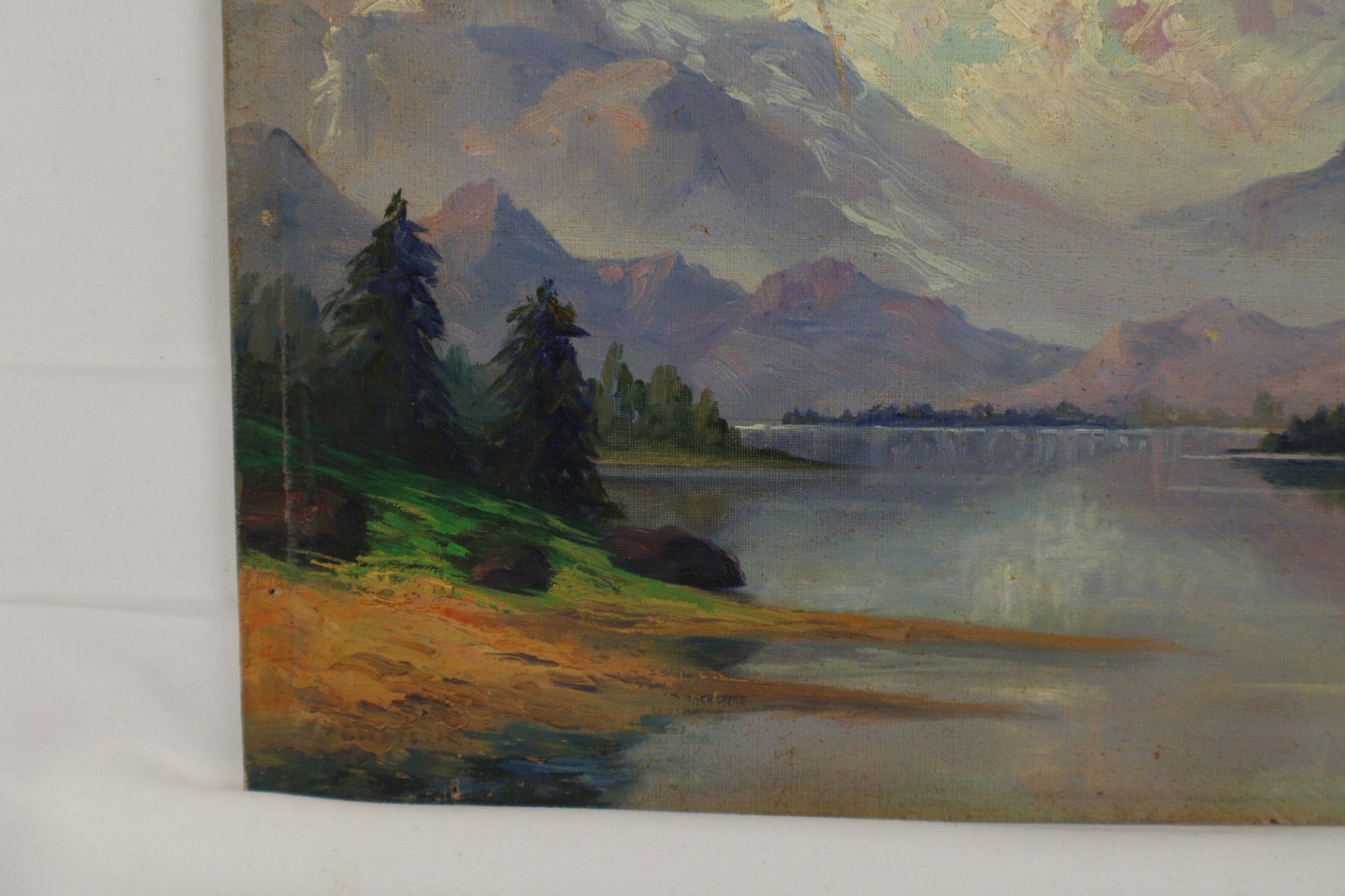 Antique Gem Snow Capped Mountain Lake Small Landscape Oil Painting Unsigned
