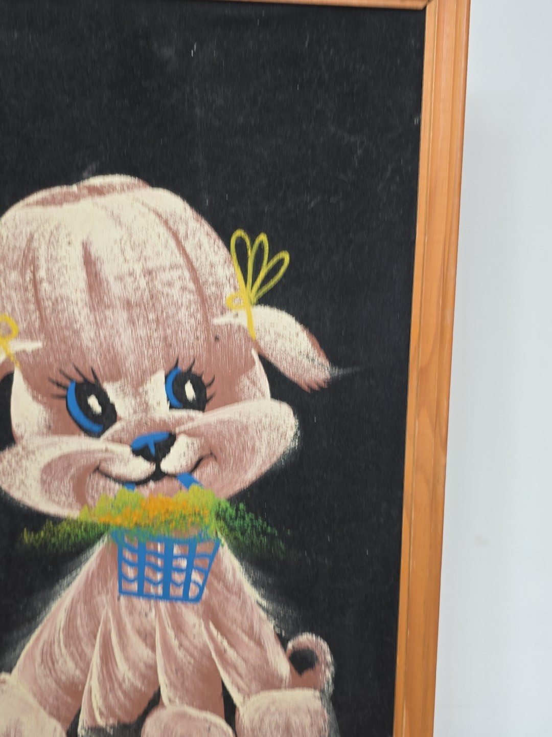 Vintage Velvet Painting Frame Dog Pink Poodle Kitsch Basket & Bow’s 70s Retro
