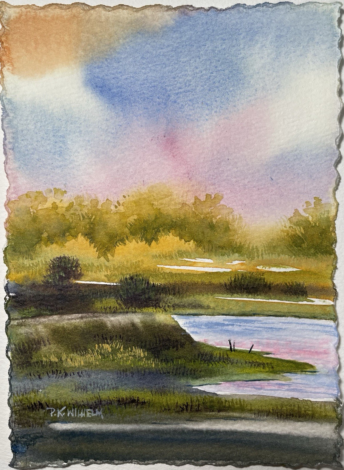 Pamela Wilhelm Loose Watercolor 5”x7” Original Delta Shadows Water Misty Trees