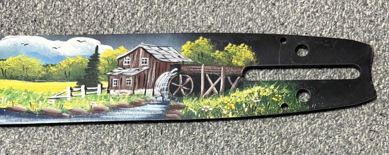 Painted Chainsaw Bar – Church/Covered Bridge/Water Mill Scene Folk Art 22-1/2″