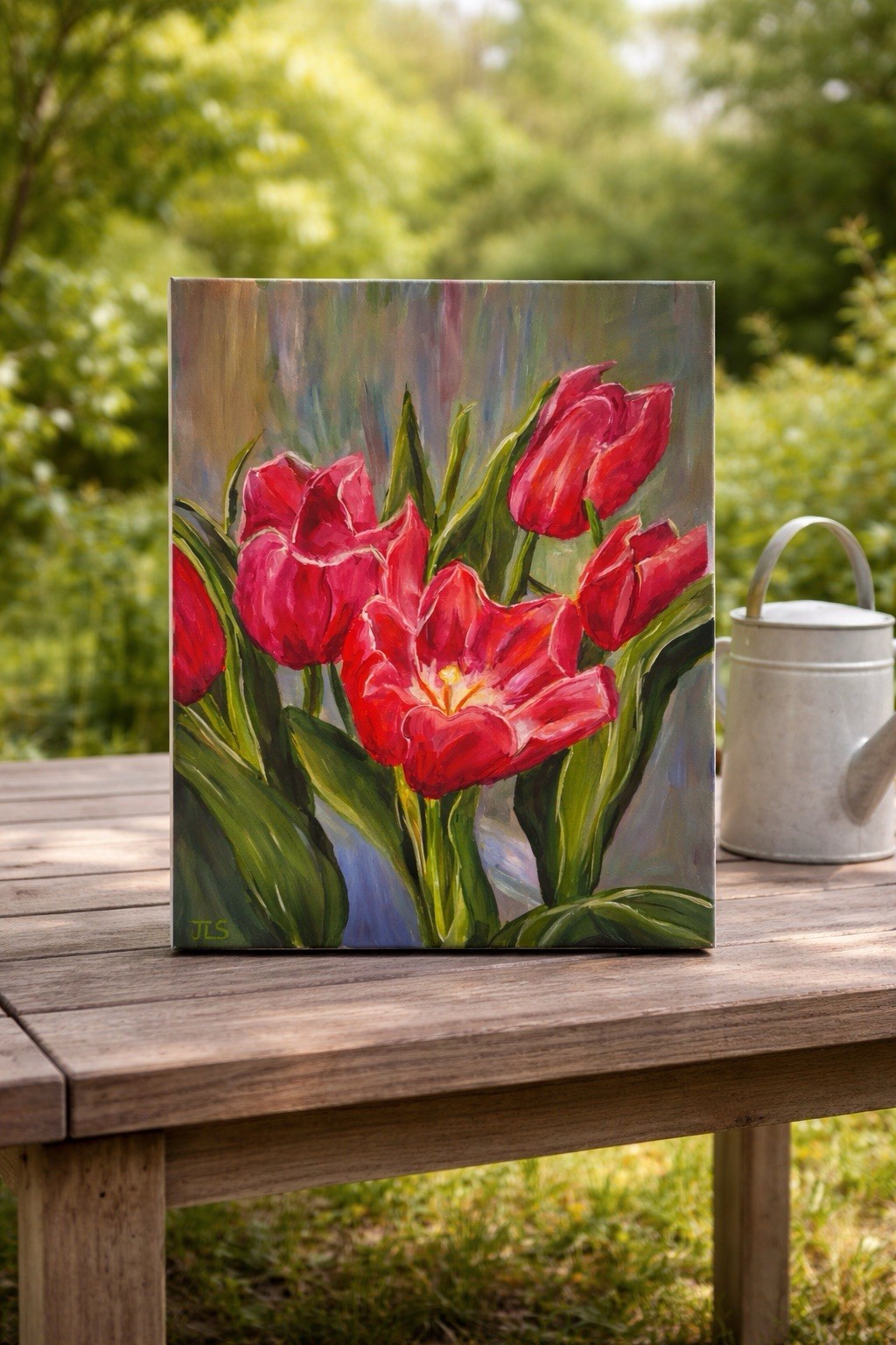 Pink Tulips Painting Floral Garden Art Bright Flowers Decor 16×20