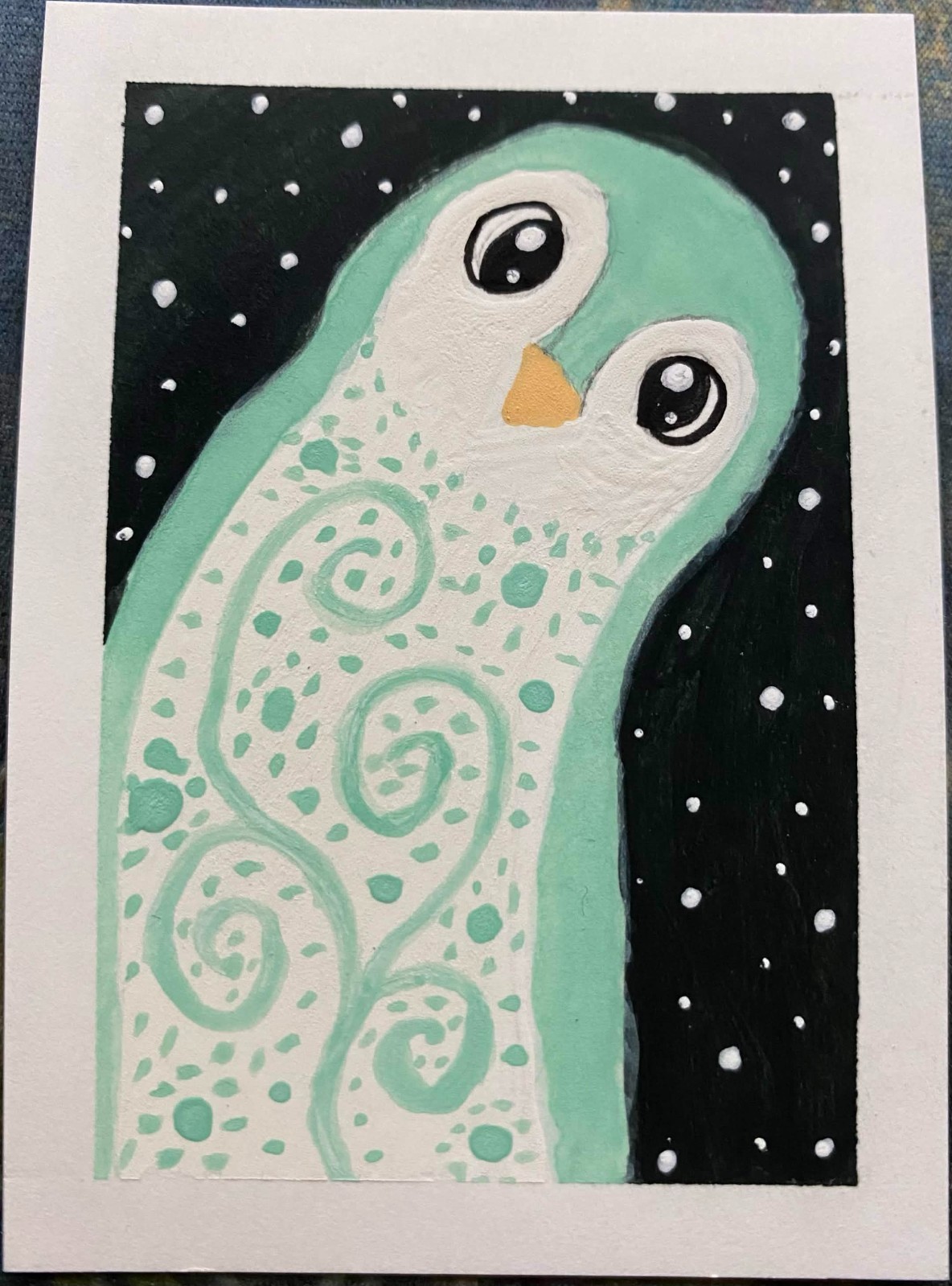ACEO Original Owl Birds Feathers Stars Sky Miniature Painting Art OneCraftyLady