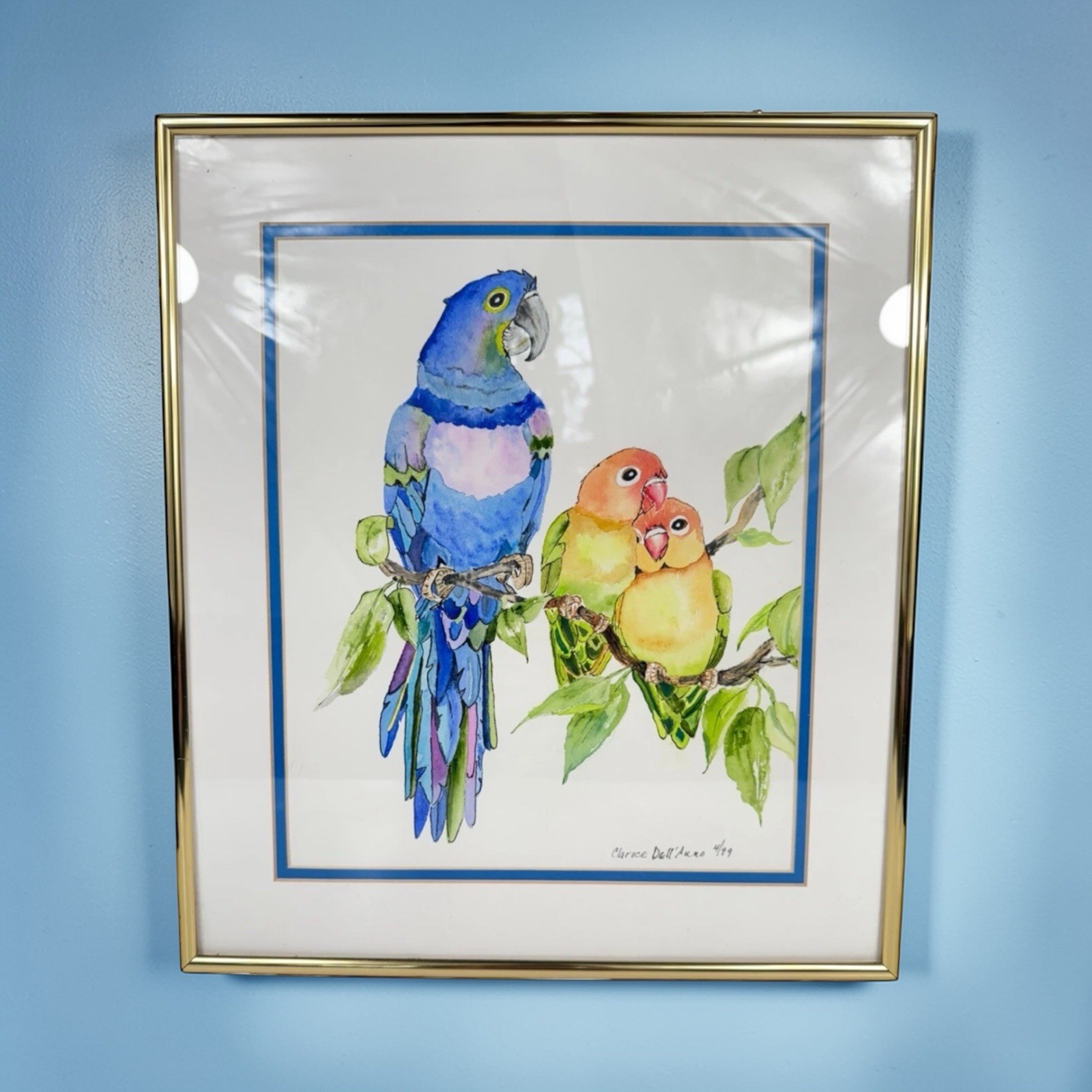 Original Watercolor Painting Of Parrots On A Branch Signed Numbered Framed