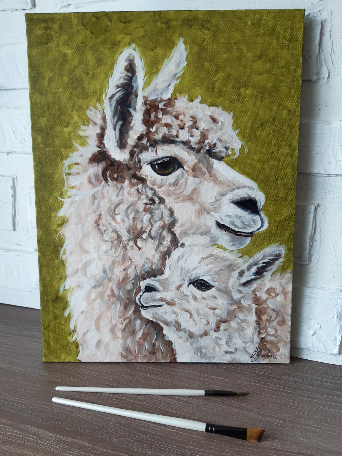 Llama and Baby Original Oil Painting Animal Art on Canvas Mother and Baby Art