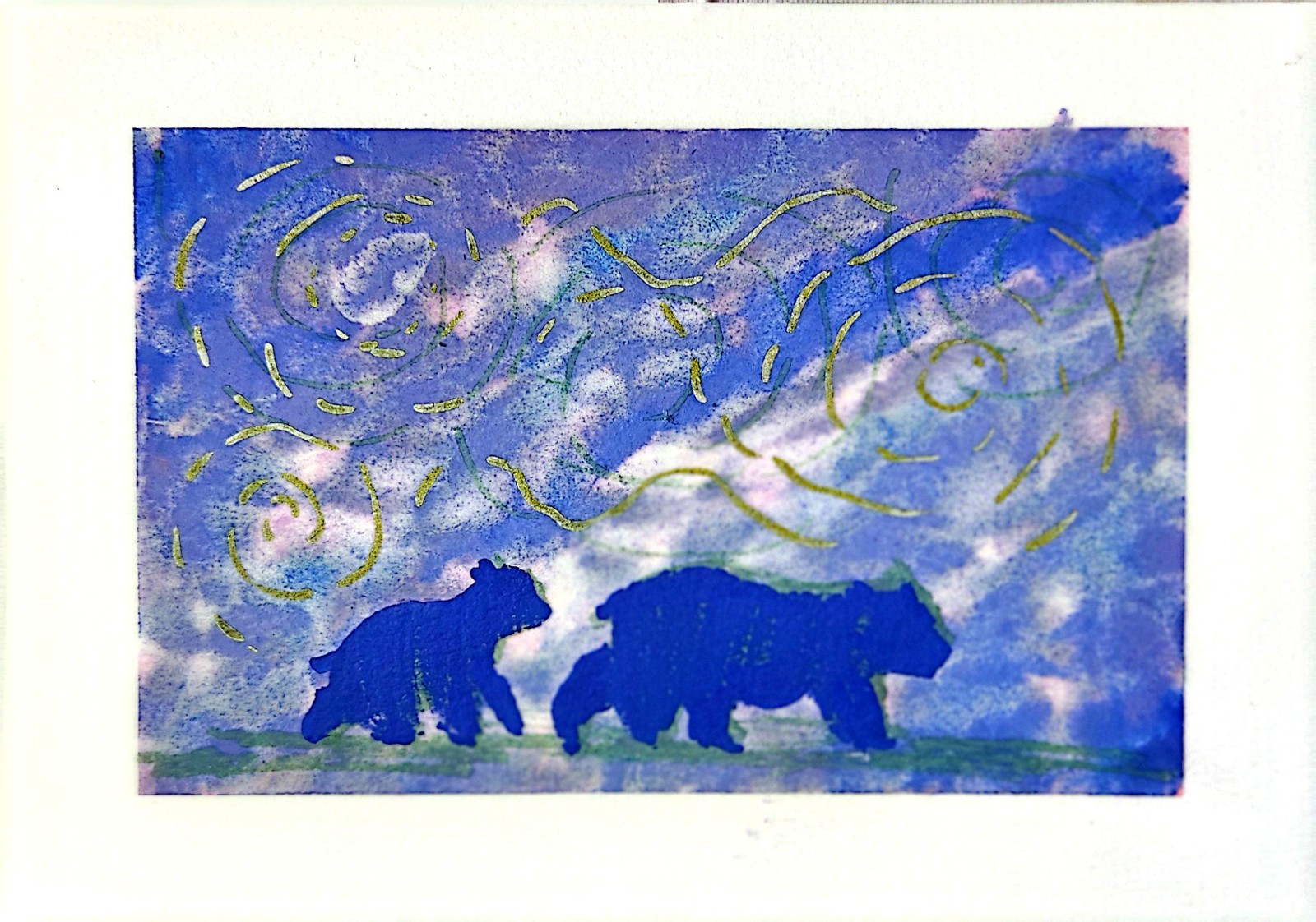 Two Bears In Northern Lights Original Abstract Contemporary 5×7 Paper Signed