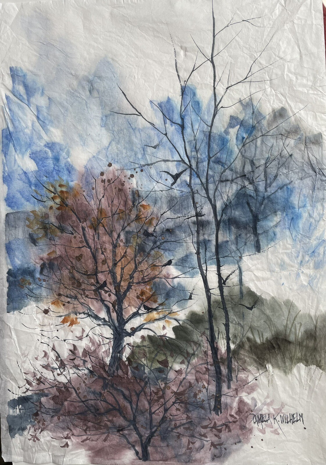 10X14 Original Pamela Wilhelm Wrinkled Rice Paper Watercolor Landscape & Birds