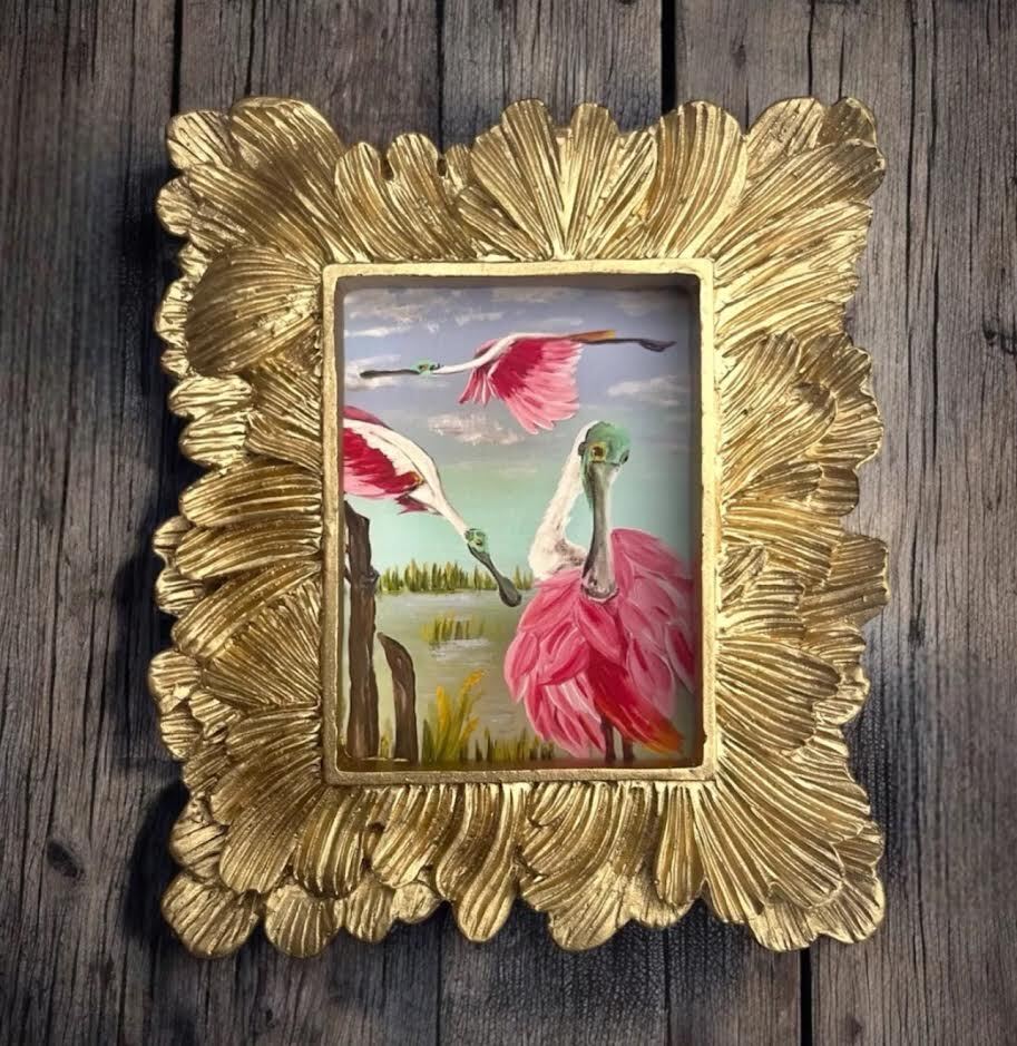 mini paintings & prints in vintage style ornate frame, mini art, birds & animals
