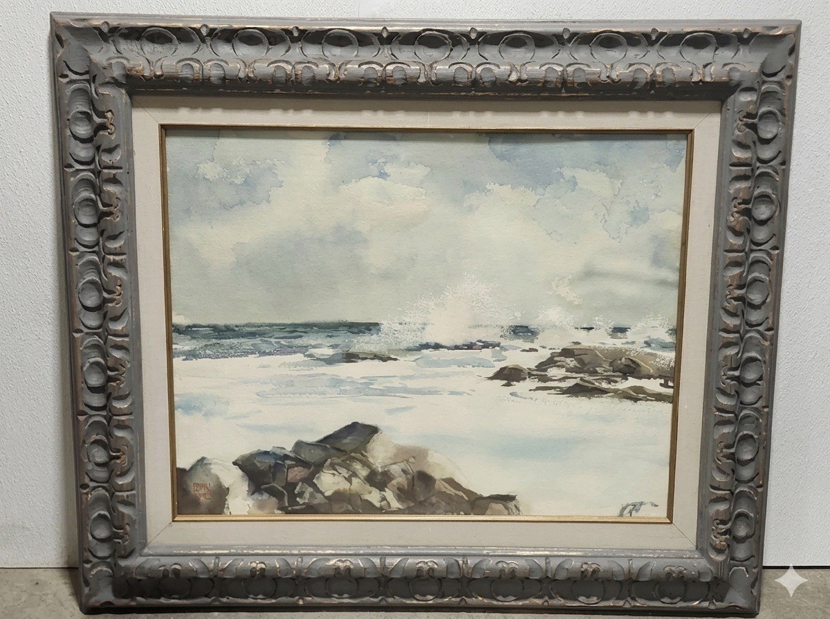 Beautifully Framed Frank Lowe Crashing Waves Watercolor Painting 32”x38” Signed