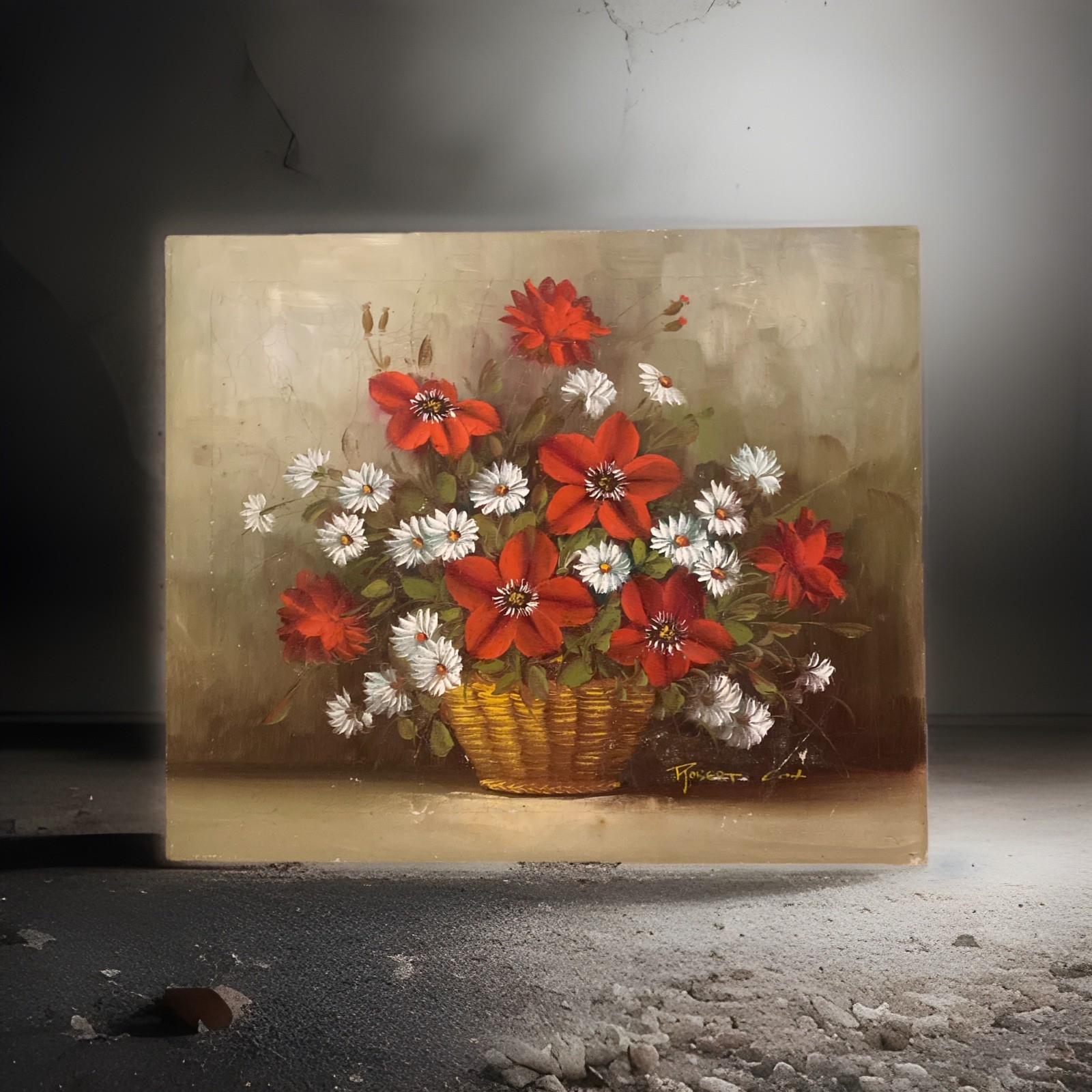 Vtg Signed Robert Cox Oil on Canvas Red Floral Daisies Still Life 24” X 20”