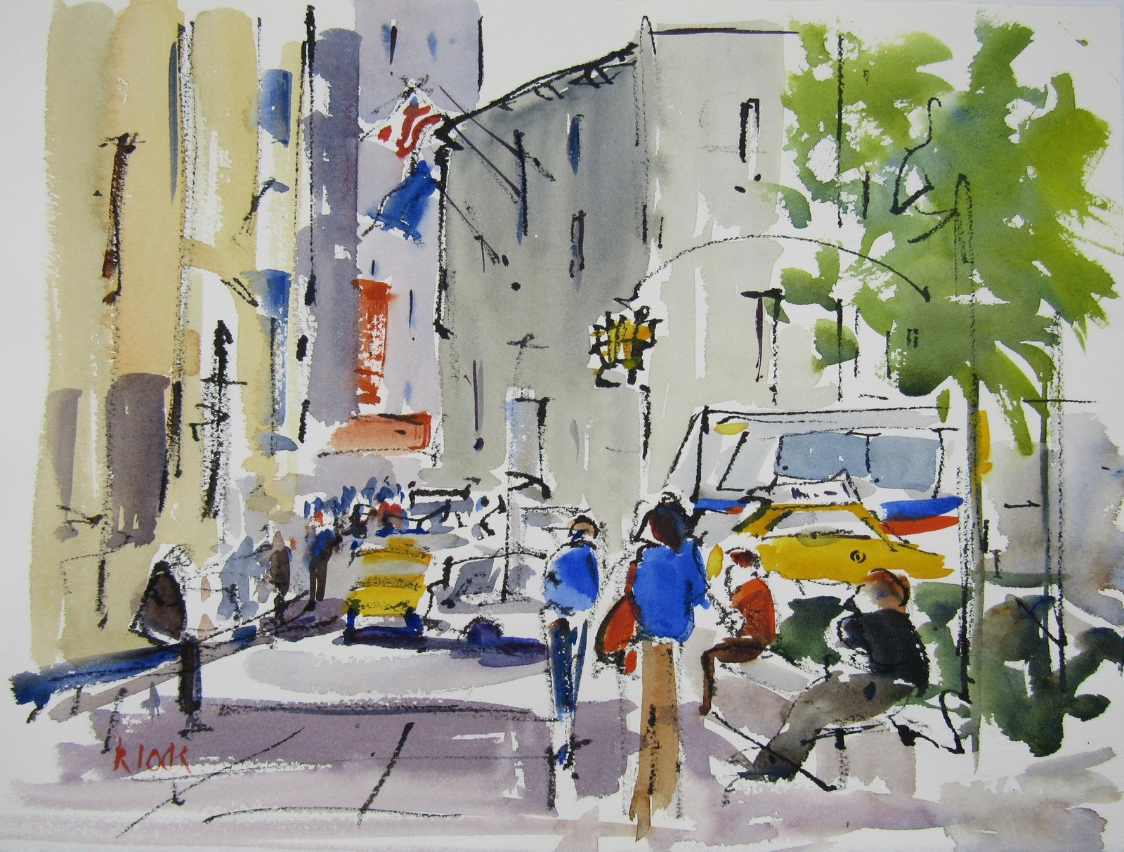 Charming signed watercolor painting impressionist city scene 11×15” Arches paper
