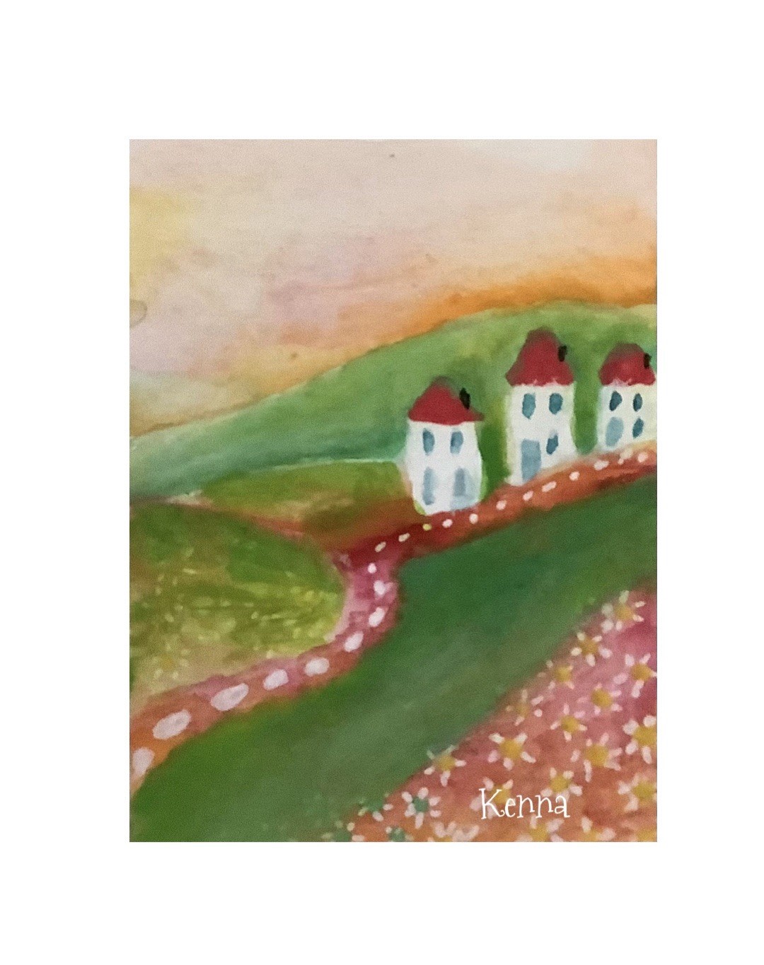 ACEO By Kenna Original Painting Landscape & Cottages 2.5” X 3.5” Signed ÀTC