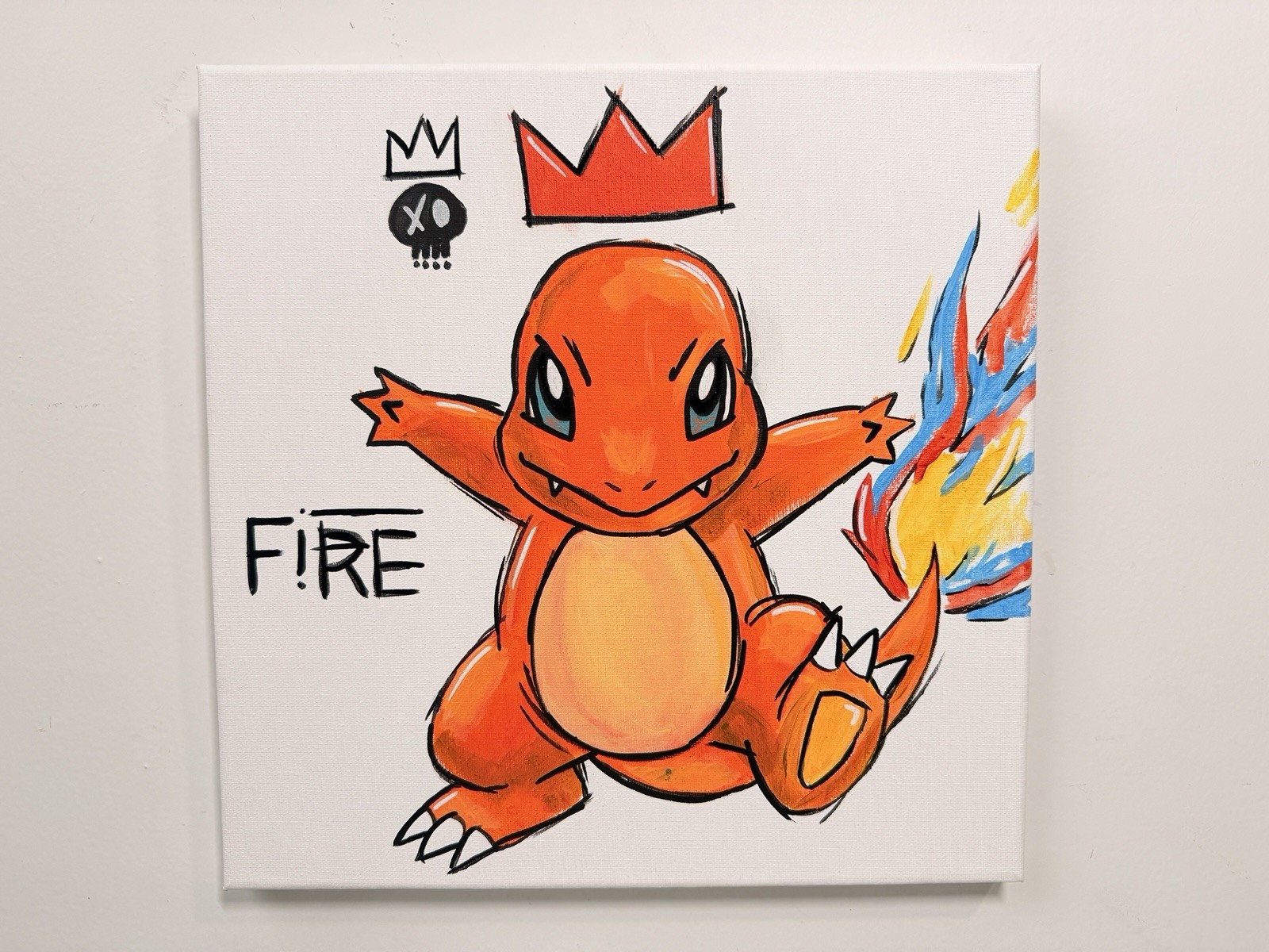 Original Charmander Fire Acrylic Painting on Framed Canvas Crown Skull Motif