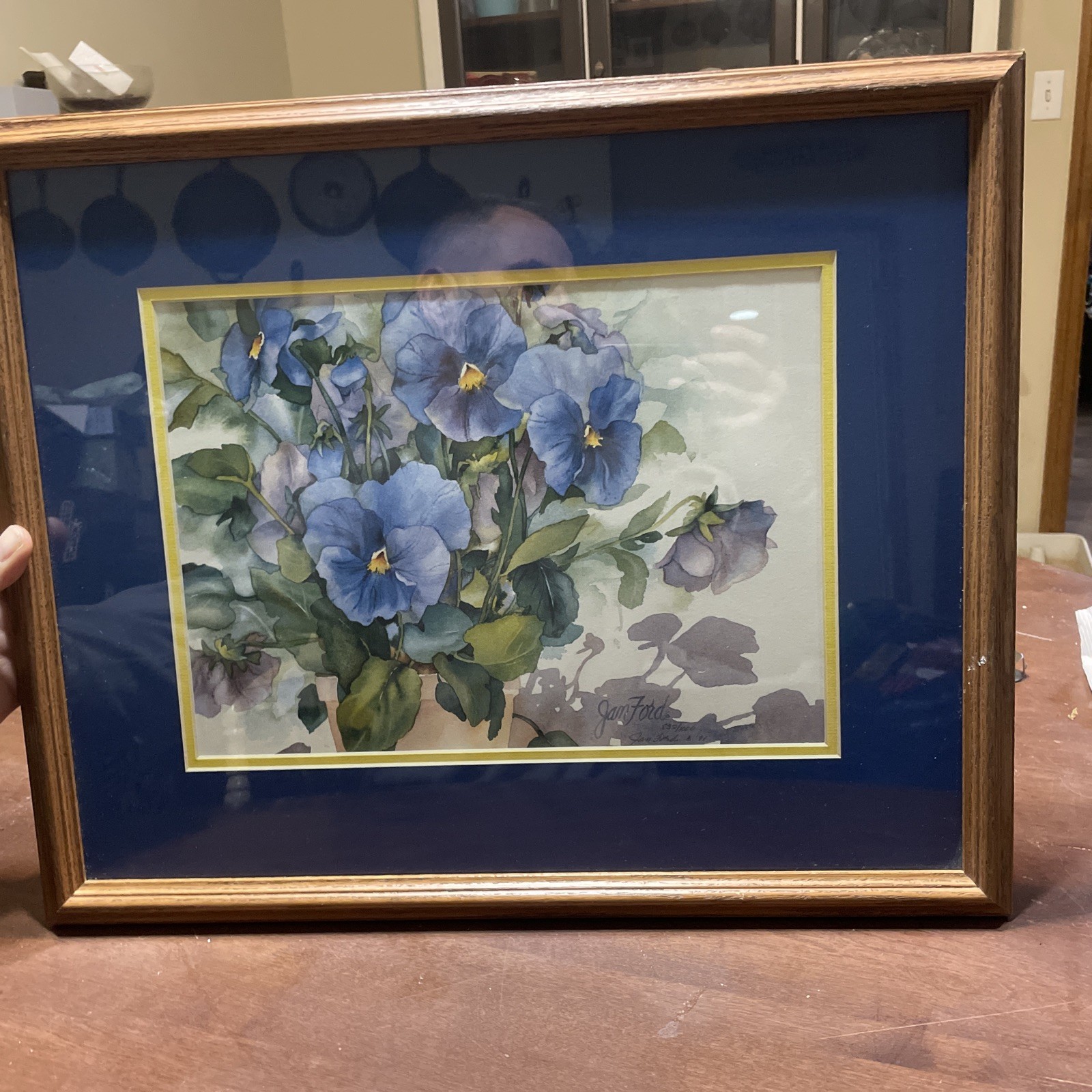 Jan Ford Water color blue pansies 17”x21” custom framed, signed , 832/1000
