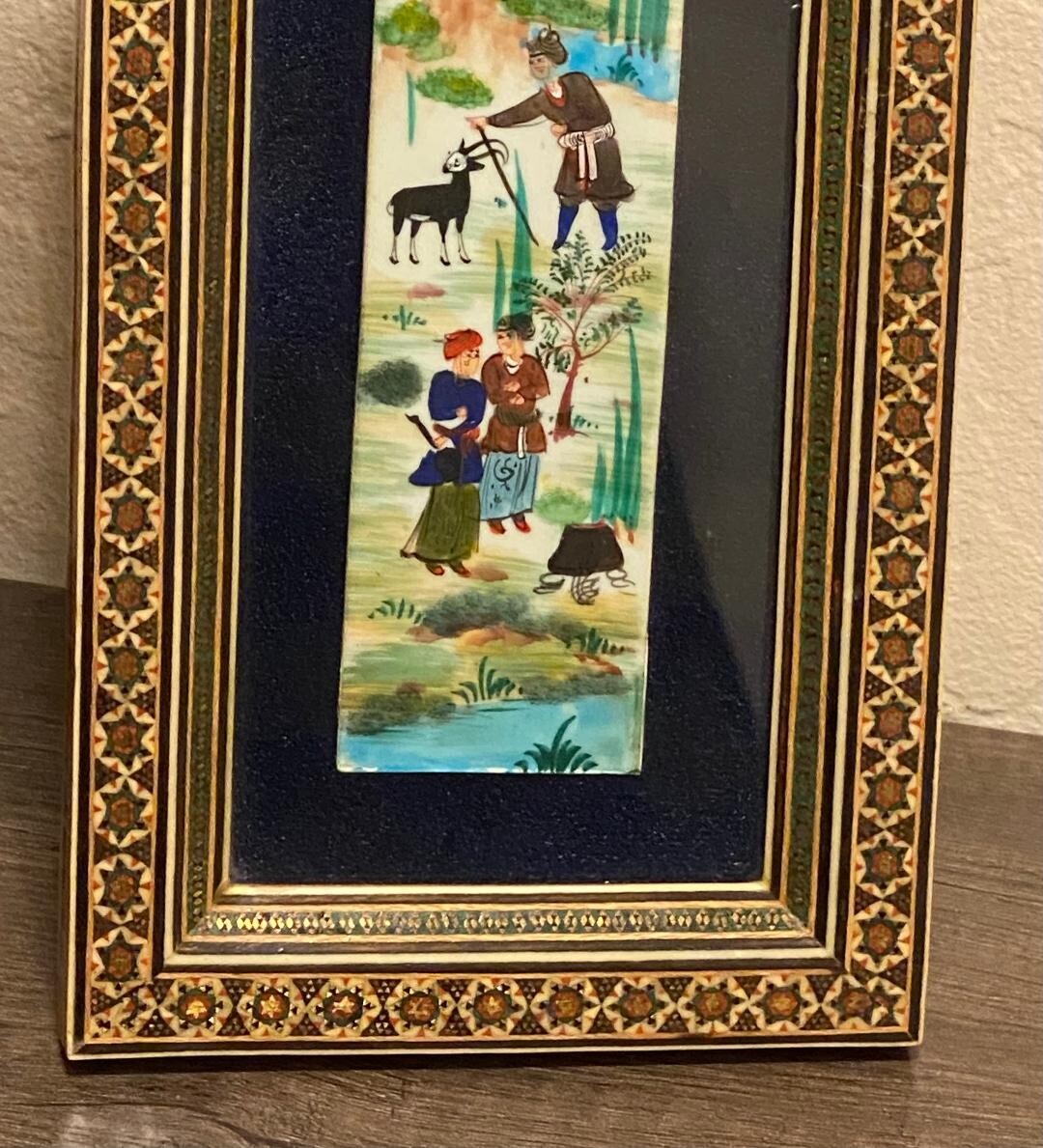Persian Hand Painted Camel Bone Artwork in Wood Khatam Marquetry Frame Folk Art