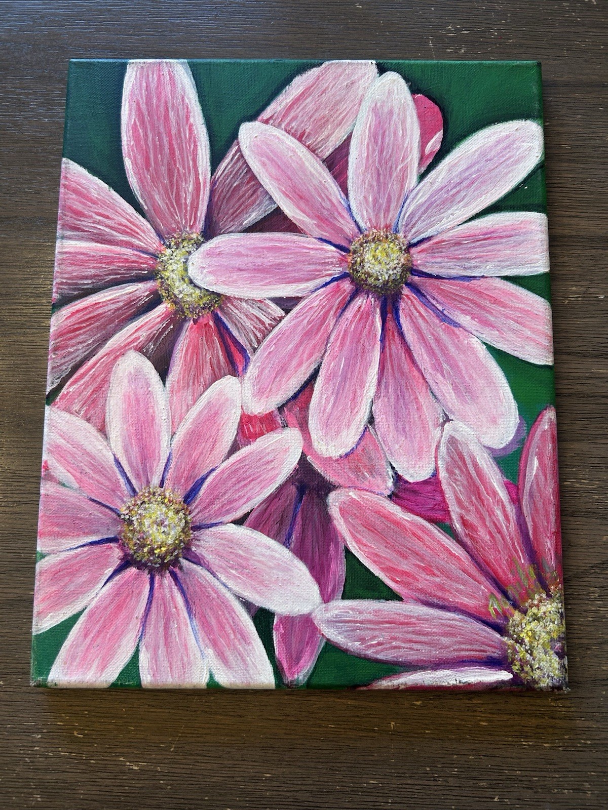Pink Flowers Acrylic Painting Canvas 14 X 11 Inches Home Decor Wall Art Handmade
