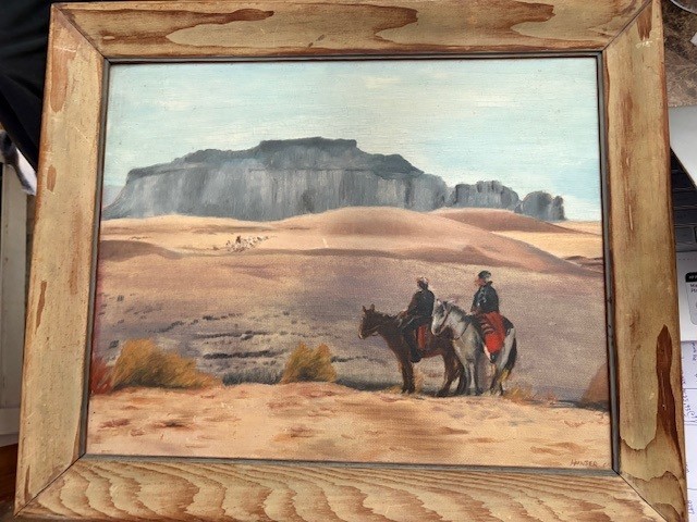 Vintage 1965 Western Oil Painting Navajo Riders Monument Valley Signed Hunter