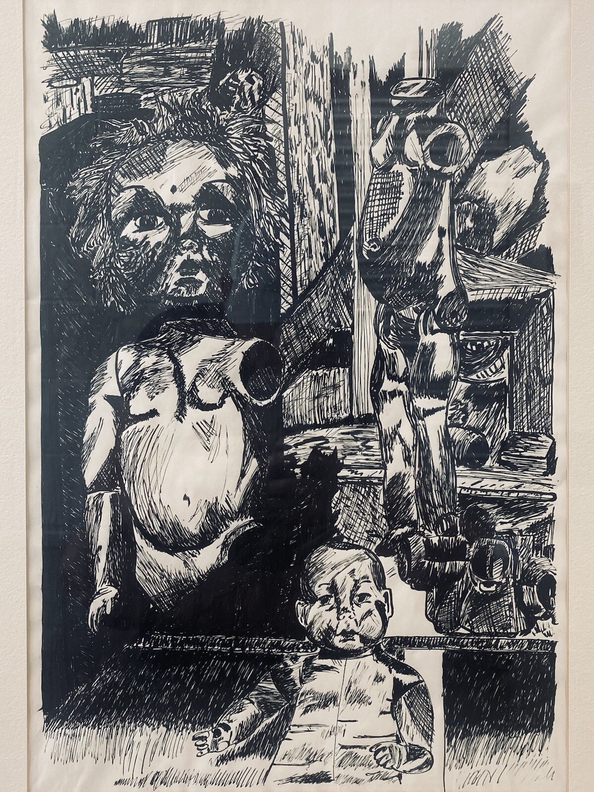 🔥 Unusual Old Vintage Modern Haunted DOLL Toy Factory Drawing Painting, 1950s