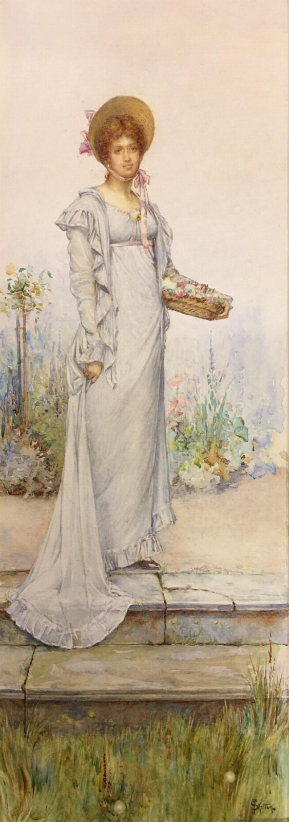 BRITISH VICTORIAN Original ~ ELEGANT GARDENER ~ c1890 Signed LISTED ARTIST