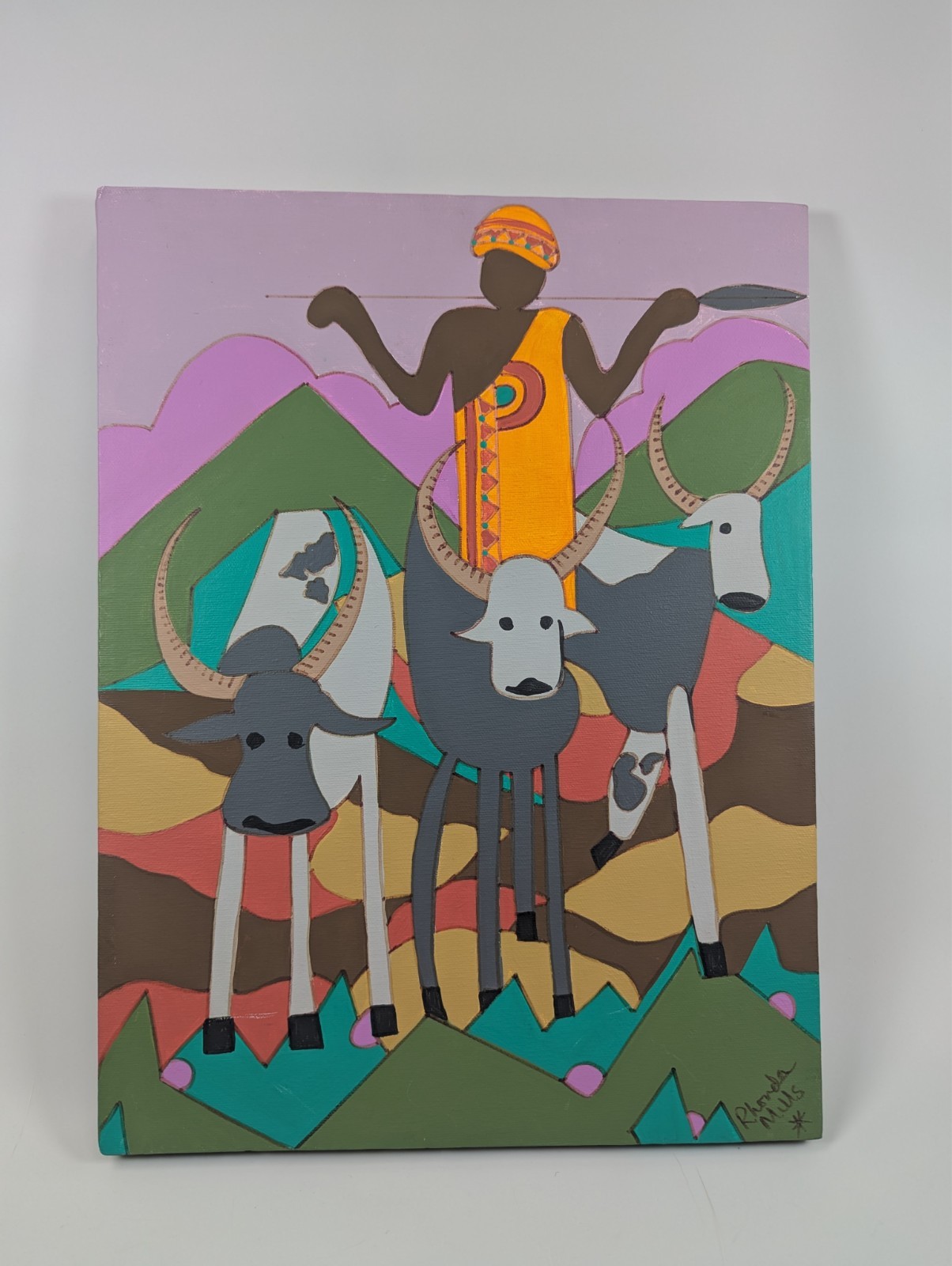 Herding Cattle in Africa 16 in x 12 in x 0.5 in Acrylic Painting