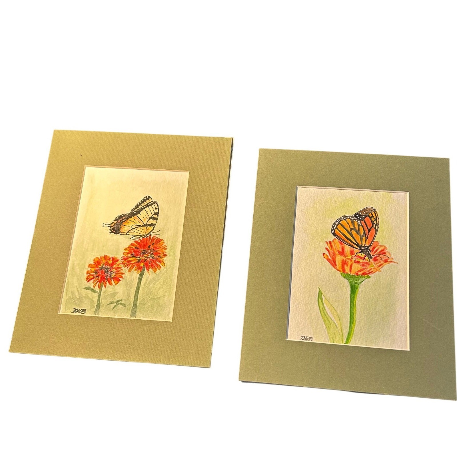 Original Watercolor Art Set Monarch Butterfly Zinnias 8″x10″