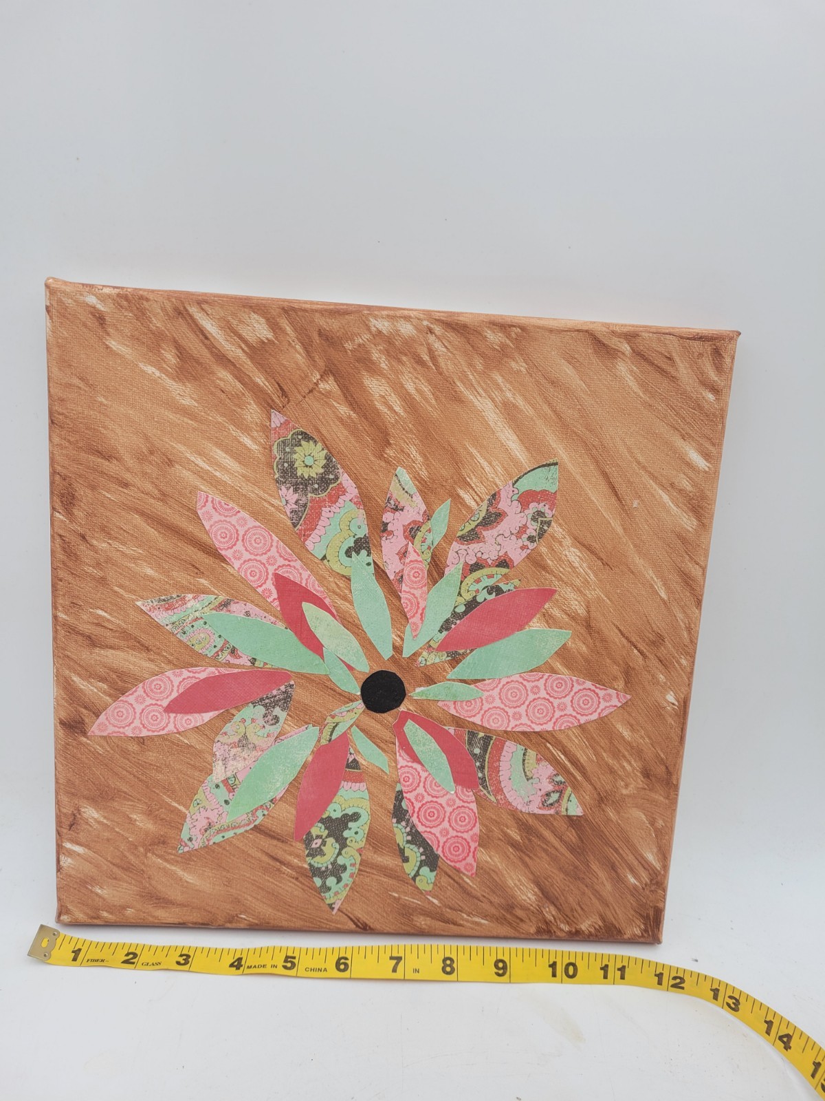 Handmade Floral Collage Canvas Art Signed Cynthia Greulich 2014 12×12 Boho Decor
