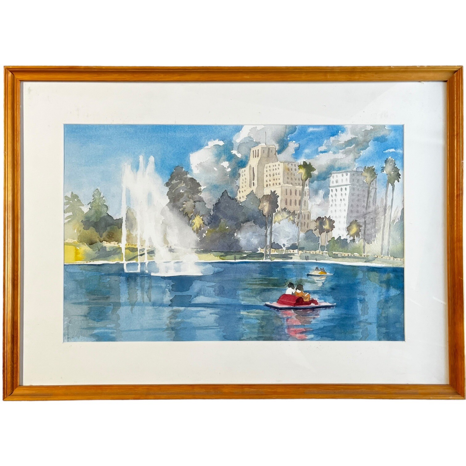 Watercolor Painting Long Beach Southern California Paddle Boats Artwork 29 x 21″