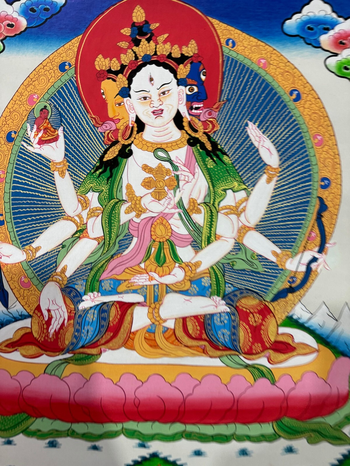 Silk Brocade Namgyalma Thangka Painting, Handmade Tibetan Art on Cotton Canvas