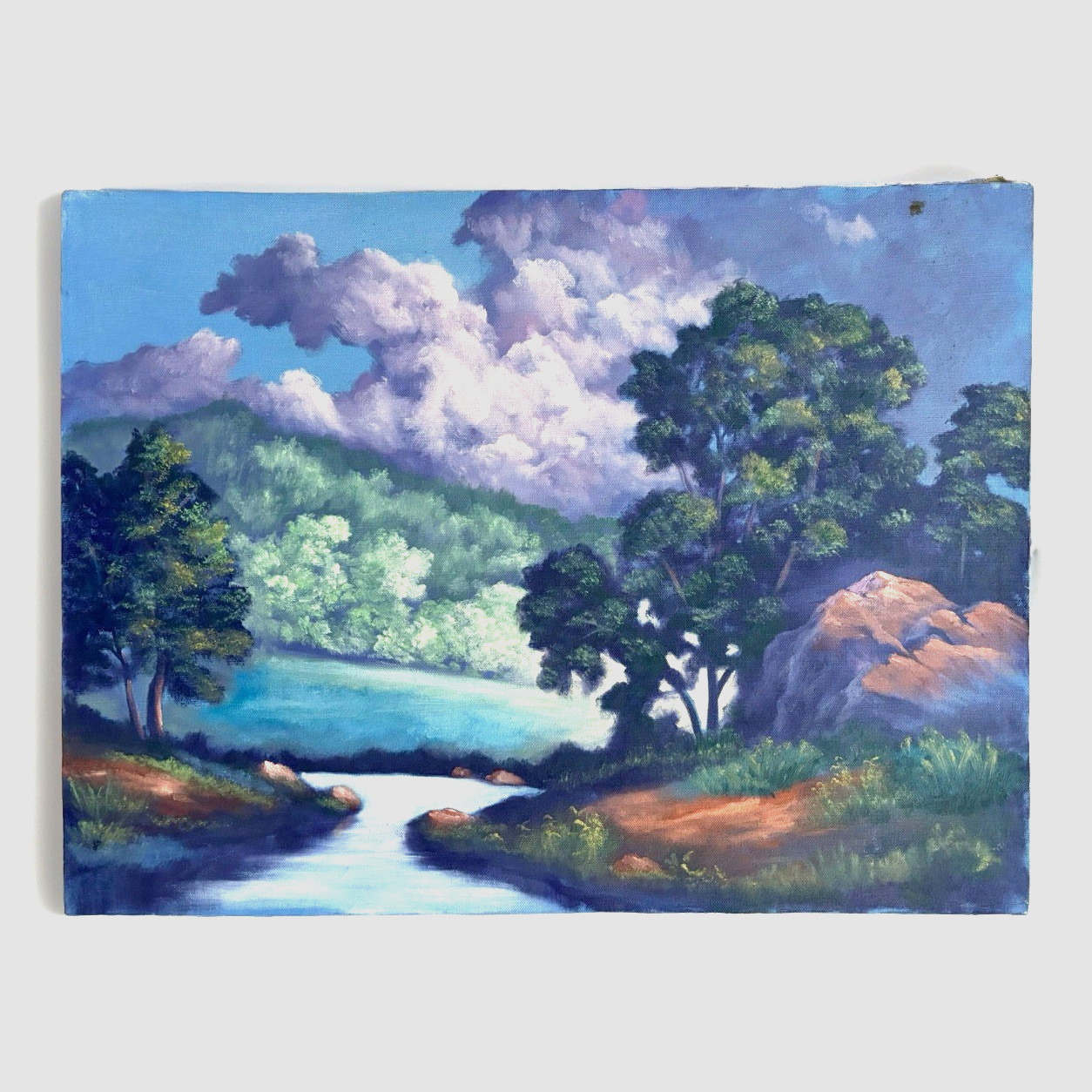 Rosemary Lee Tranquil Landscape Painting – River & Moody Cloudbank Scene 24×18″