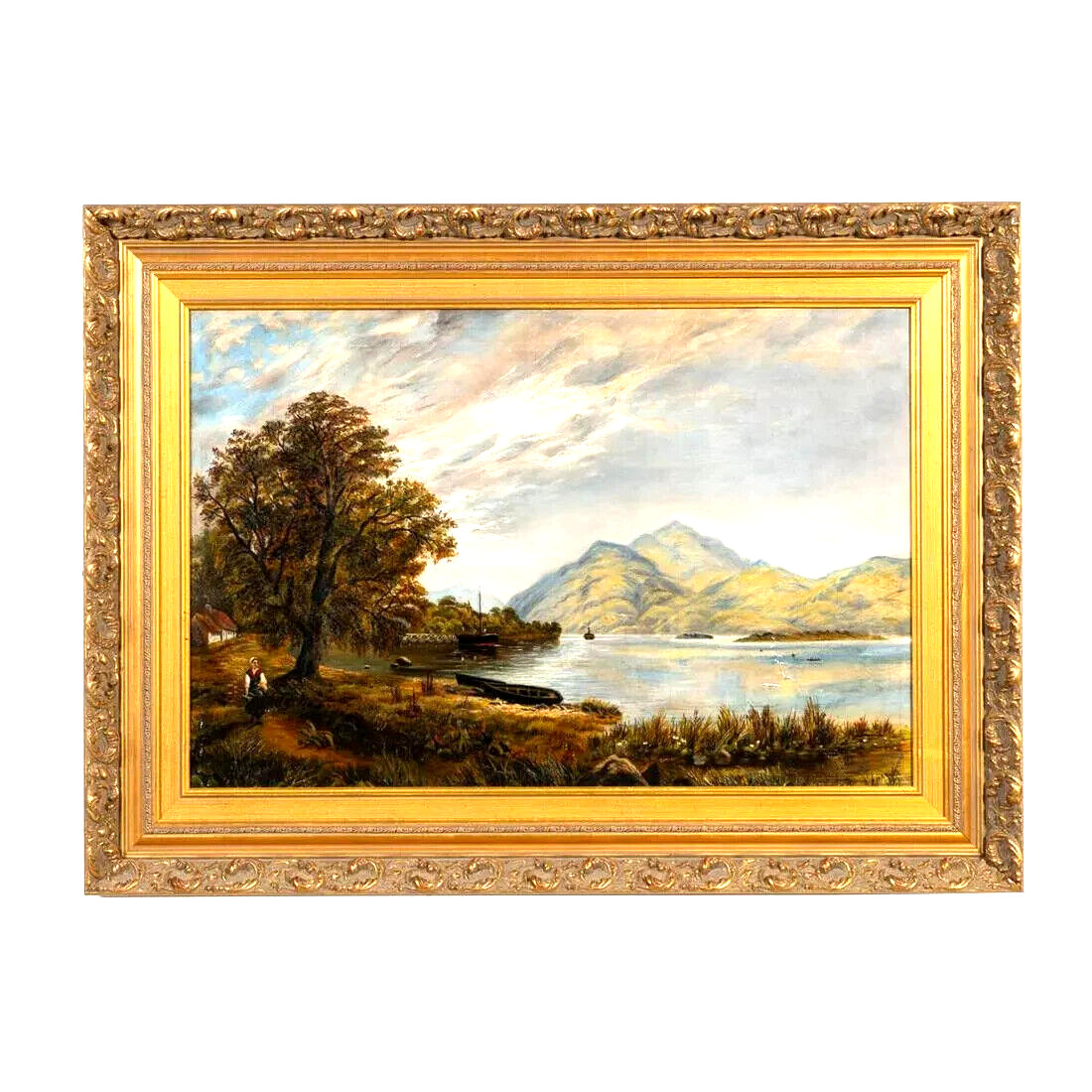 Antique Oil Painting, American School, O/C Mountain Lake, Landscape, 1800s!!