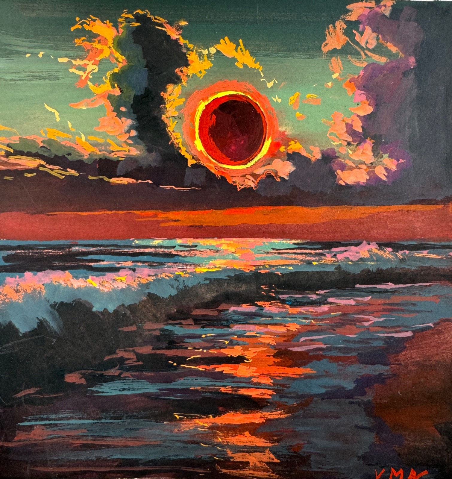 Original Gouache Painting Sea Beach Sunset Impressionist Landscape Art