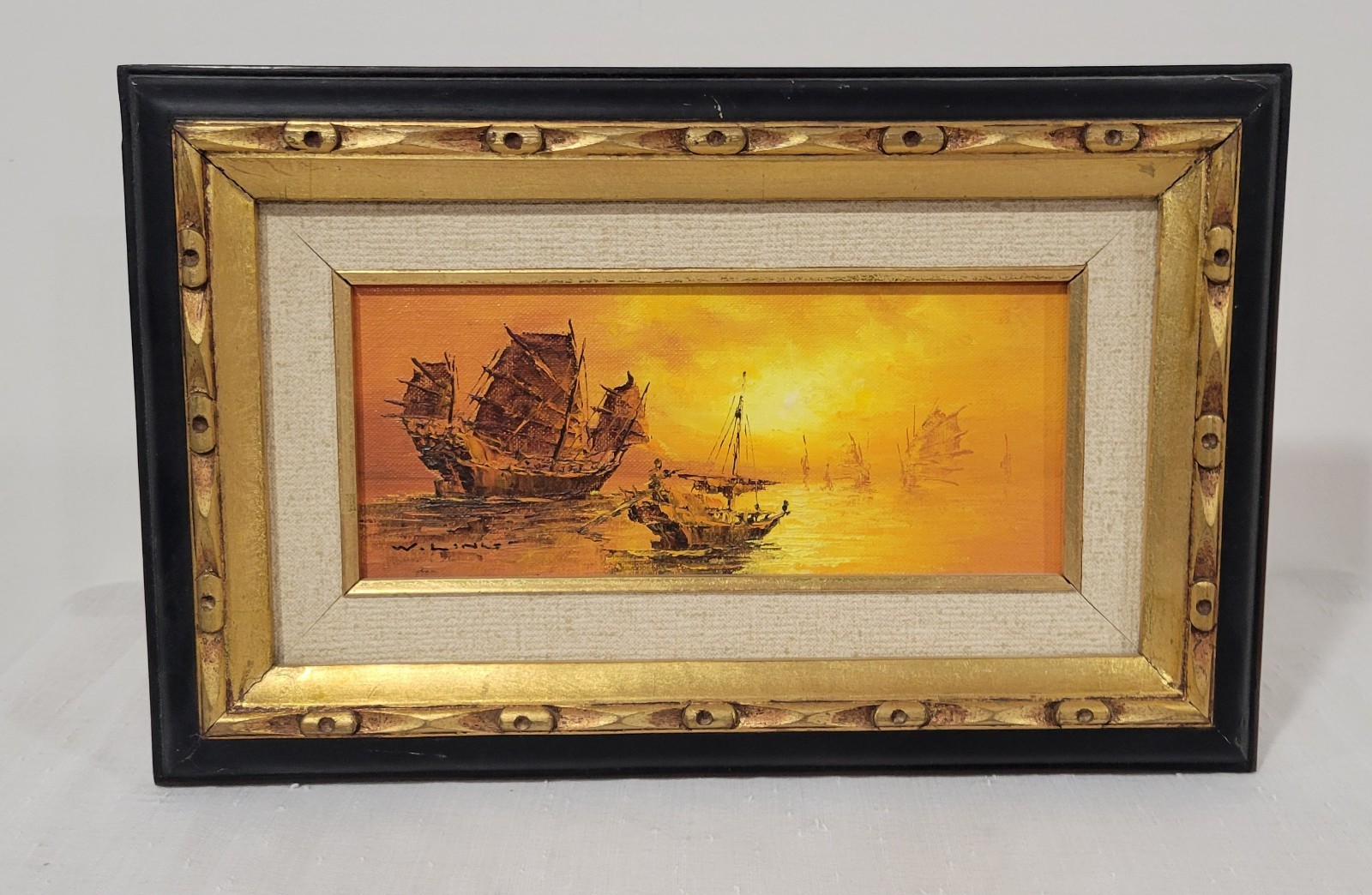 Vtg Oil Painting «Asian Junk Ship Sailing» On Board Framed Signed W.Ling