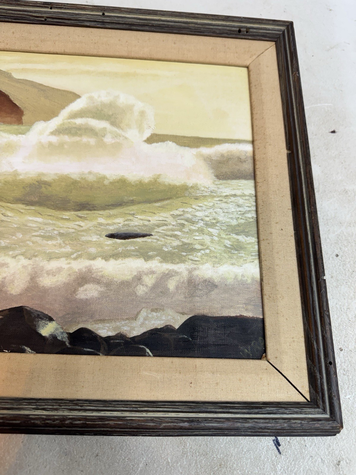 signed WRA original seascape painting framed coastal ocean waves rocky shore art