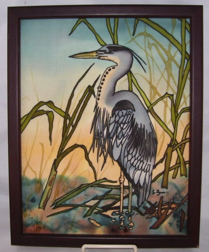 Watercolor On Silk Painting by Gisa Hynes Signed Blue Heron Oyster Pond, NS