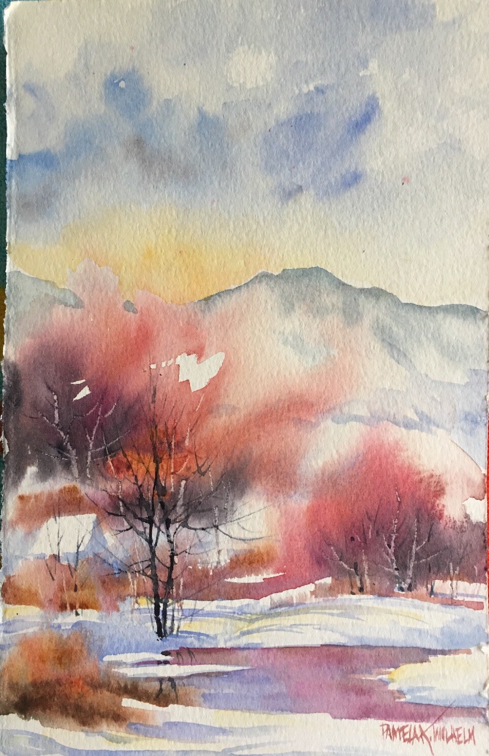 6 X 10 Original Pamela Wilhelm Watercolor Sun Water Snow Fog Winter Wonderland