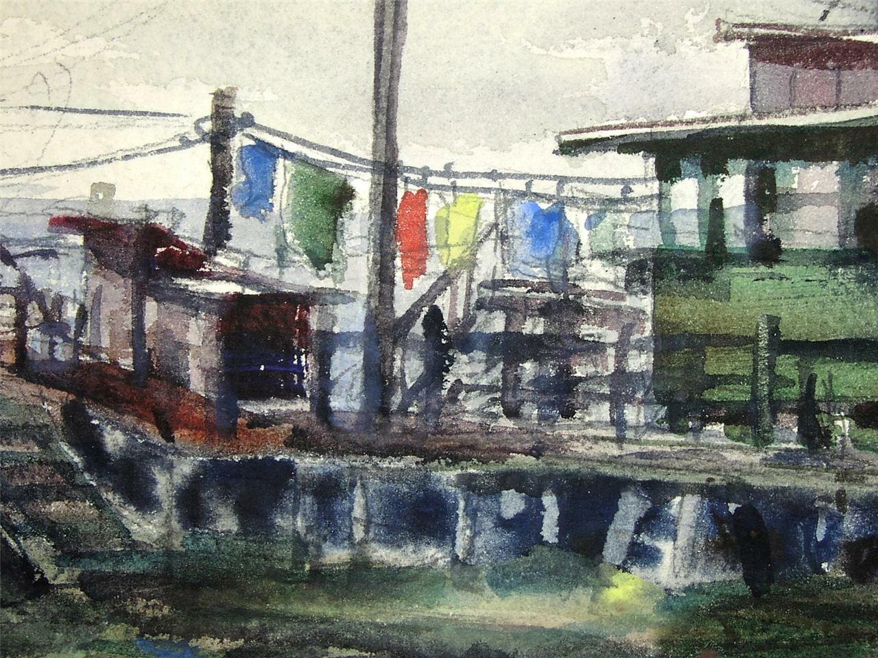 Large, Original Samuel Leitman Watercolor – Rockport Fishing Shacks