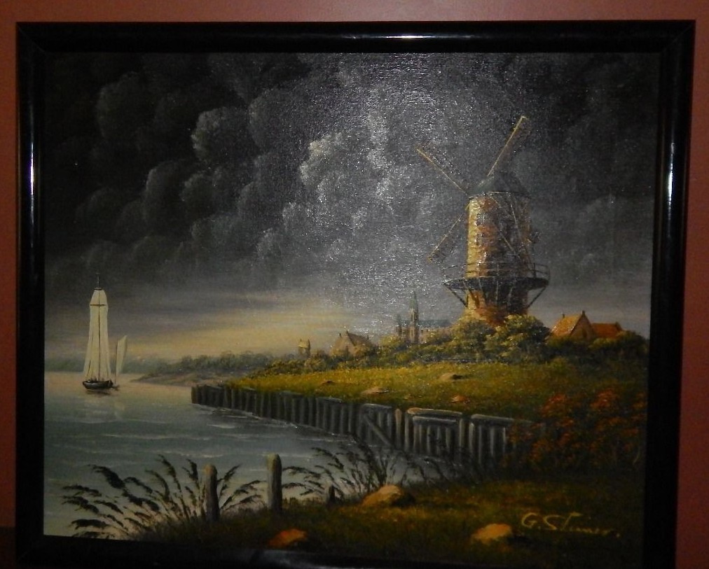 Dutch / Holland / Amsterdam, Original Windmill oil painting, Very Old, Cir 1940