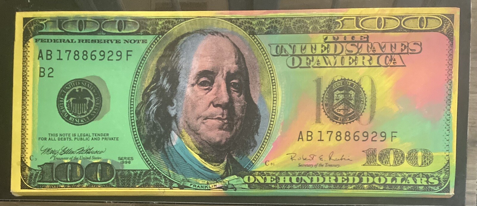 Steve Kaufman Art 100 Dollar Bill Multi color Original Painting On Canvas