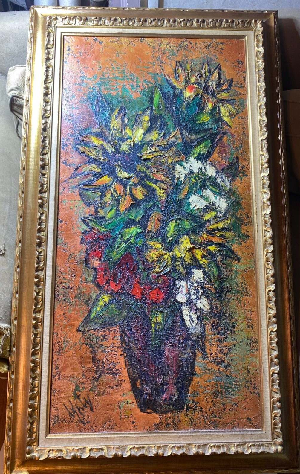 Huge Henri D’Anty (1910 – 1998) «Still Life With Flowers» Oil Painting – Framed