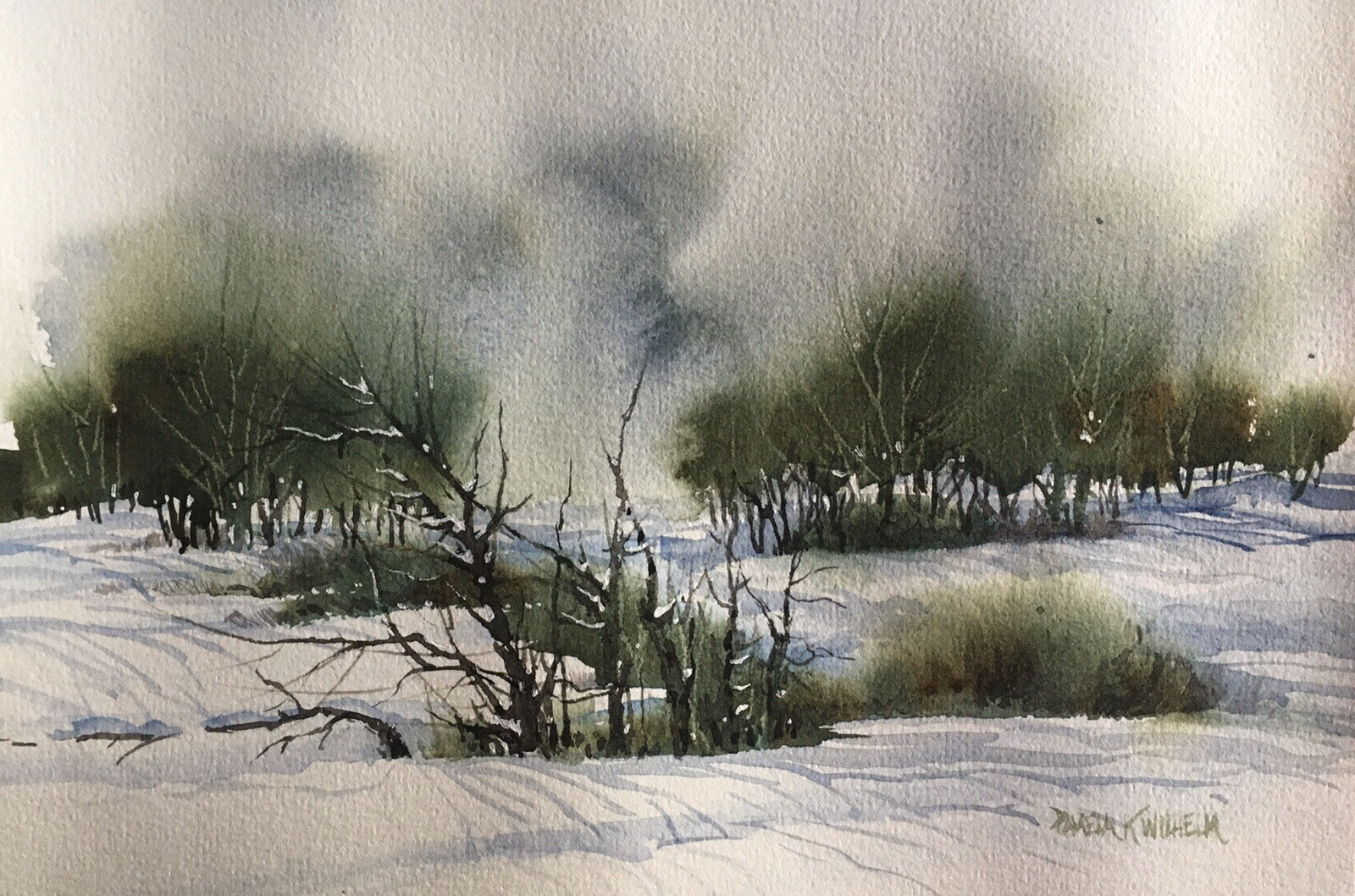 6X9 Original Pamela Wilhelm Loose watercolor Frosty winter field Furrows Trees