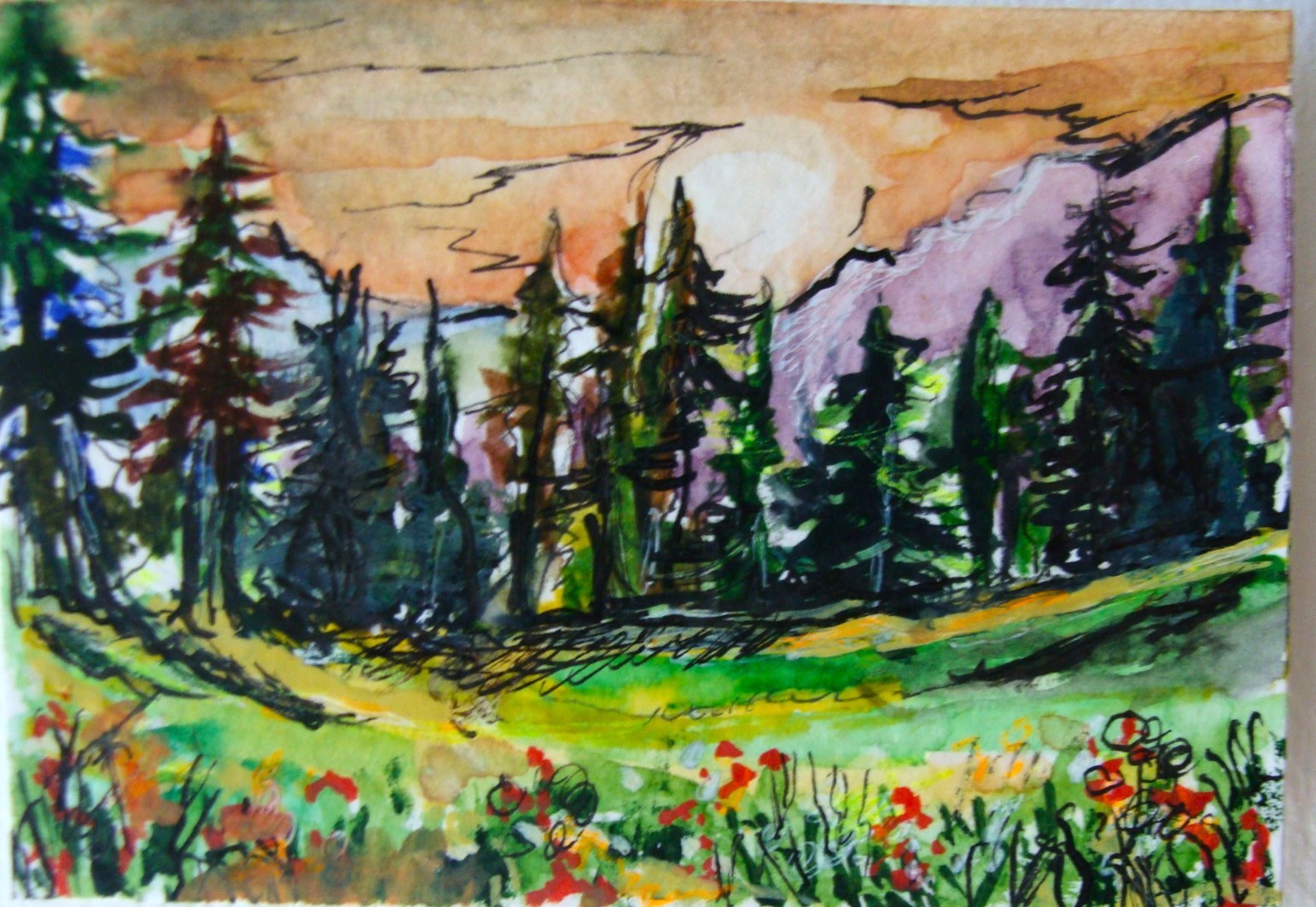 Original watercolor and ink painting on paper ACEO art Mountain Meadow Tarrantts