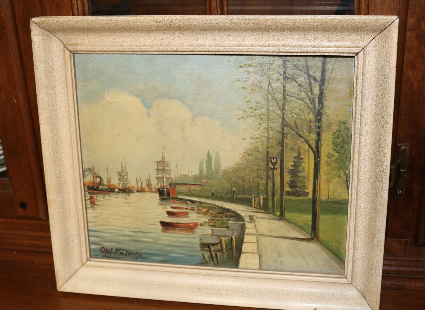 Signed Olof Andersson Swedish Scandinavian Artist Oil on Board Harbor Boat Scene