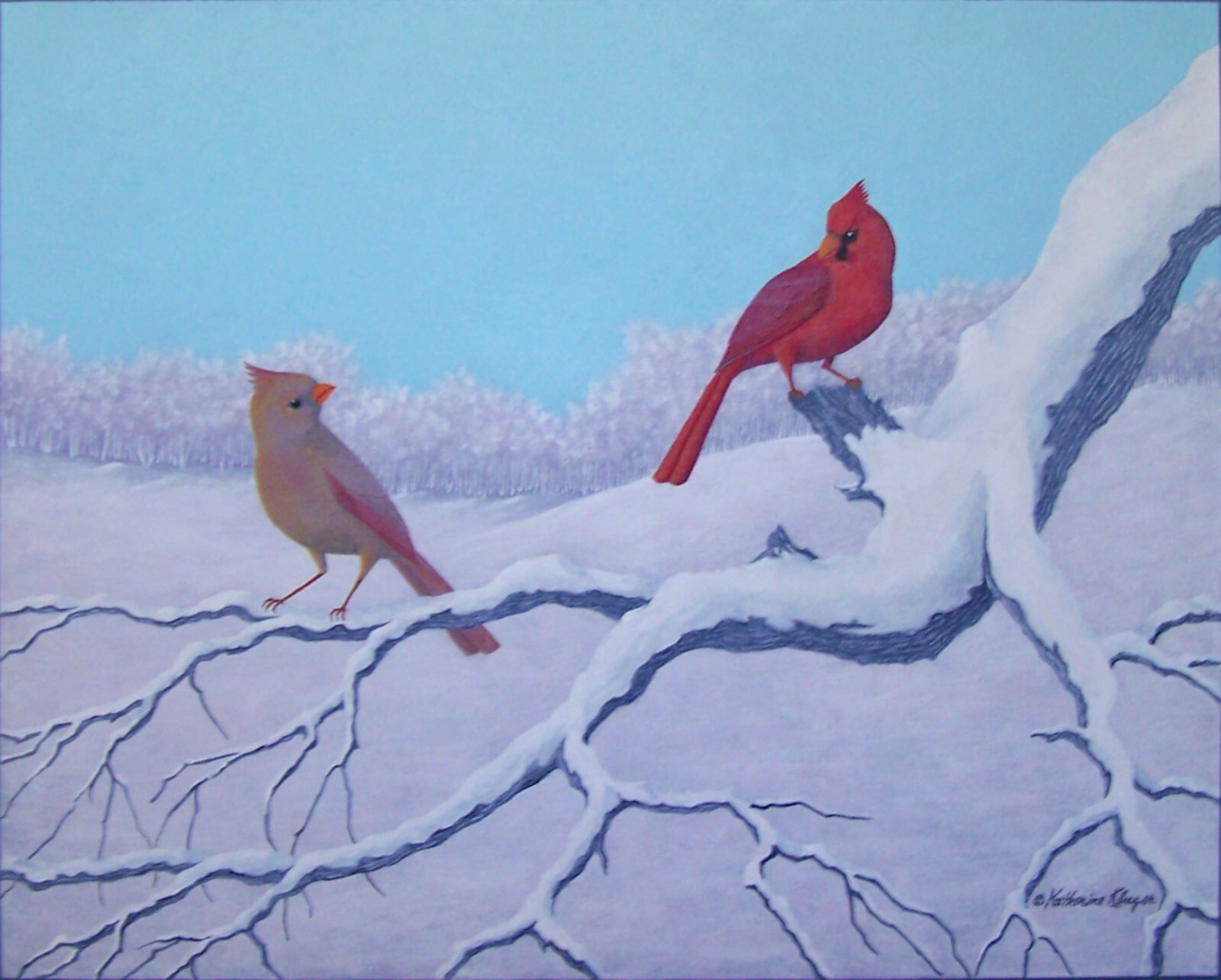 Katherine Kluger Tete a Tete New Acrylic Birds Painting Red Cardinals Landscape