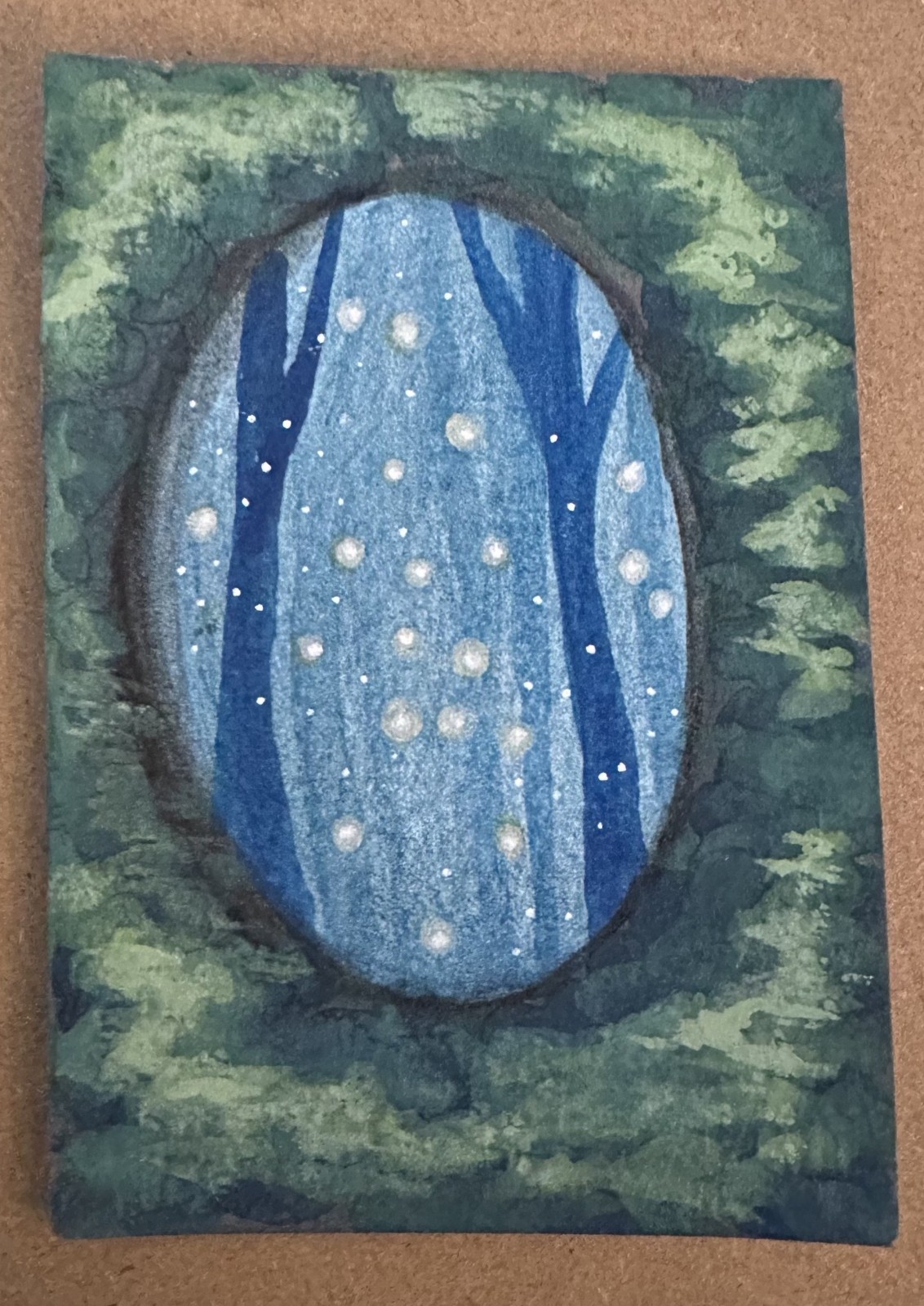 ACEO Original Art – Fantasy Landscape Fireflies Moss Trees Portal Gouache